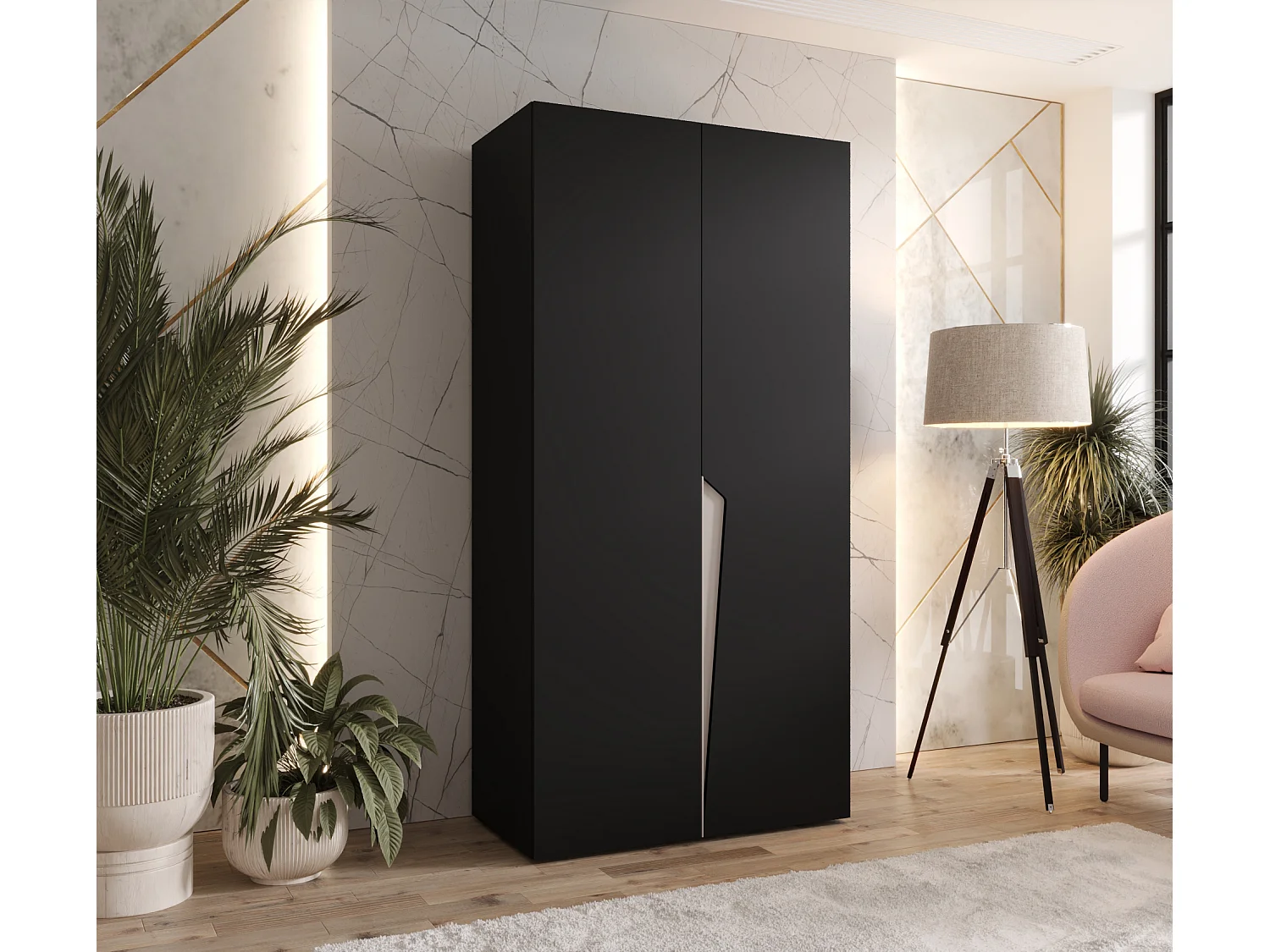 Armoire à portes battantes Piano 1 100 / 202 / 52 (Noir + poignées: Cachemire)