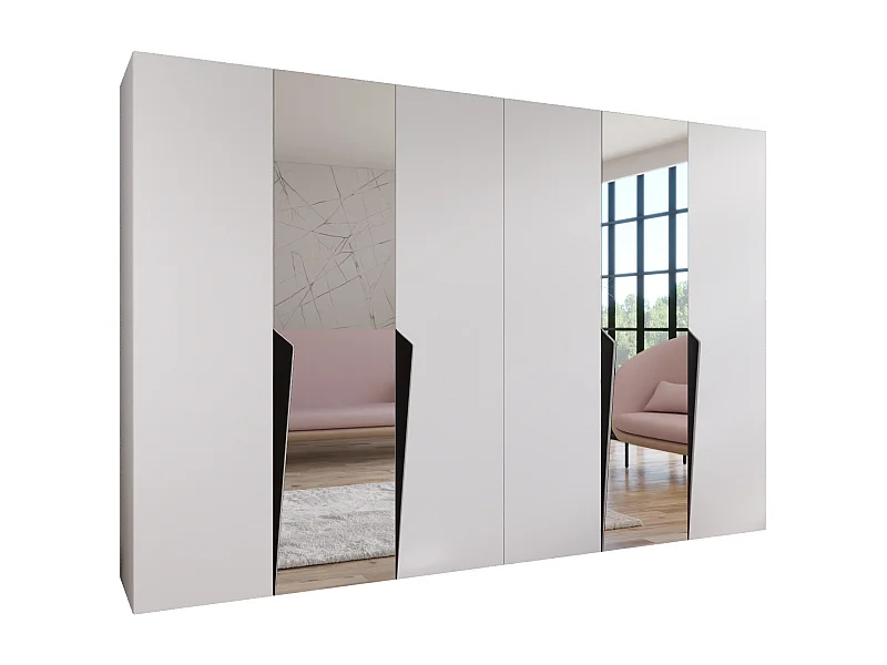 Armadio con ante a battente Piano 2 300 (150x2) / 202 / 52 (Bianco + Maniglie: Nero)