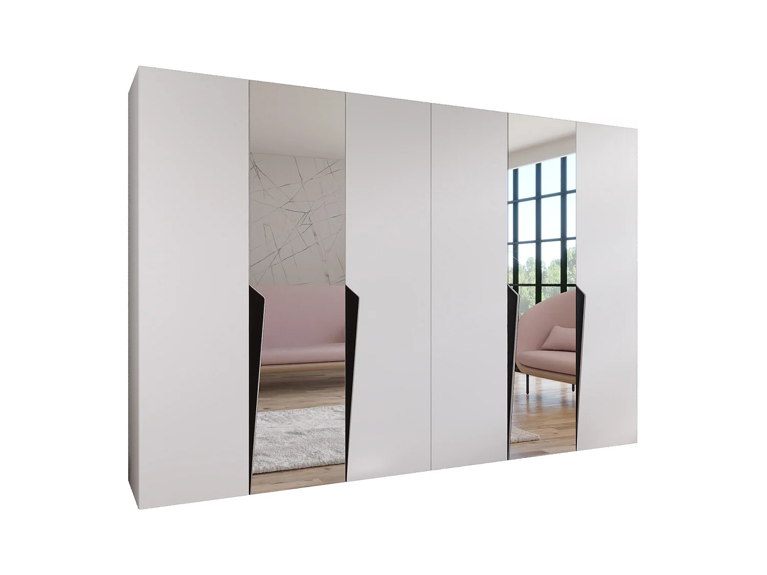 Armadio con ante a battente Piano 2 300 (150x2) / 202 / 52 (Bianco + Maniglie: Nero)