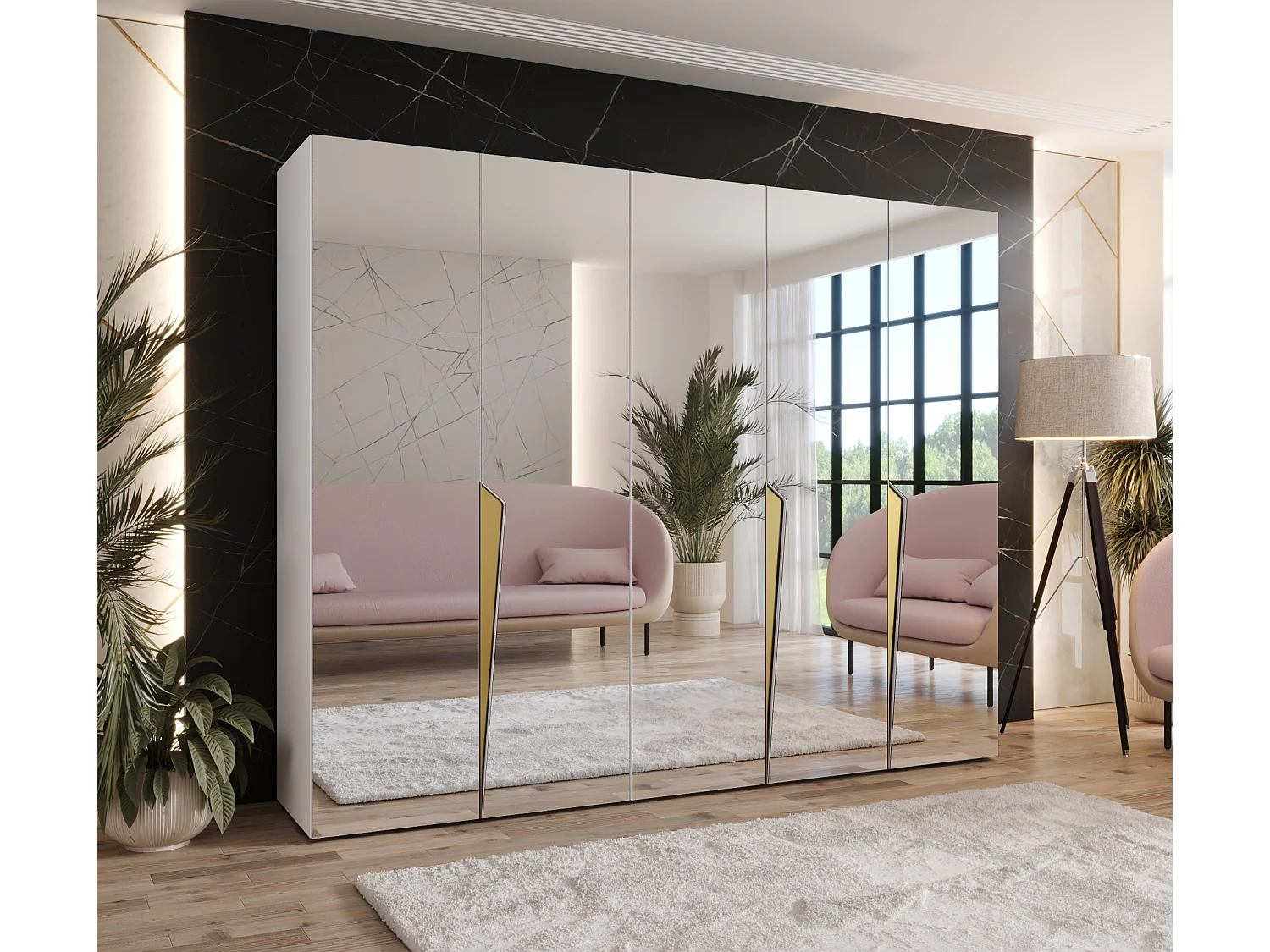 Armoire à portes battantes Piano 3 250 / 202 / 52 (Blanc + poignées: Gold)