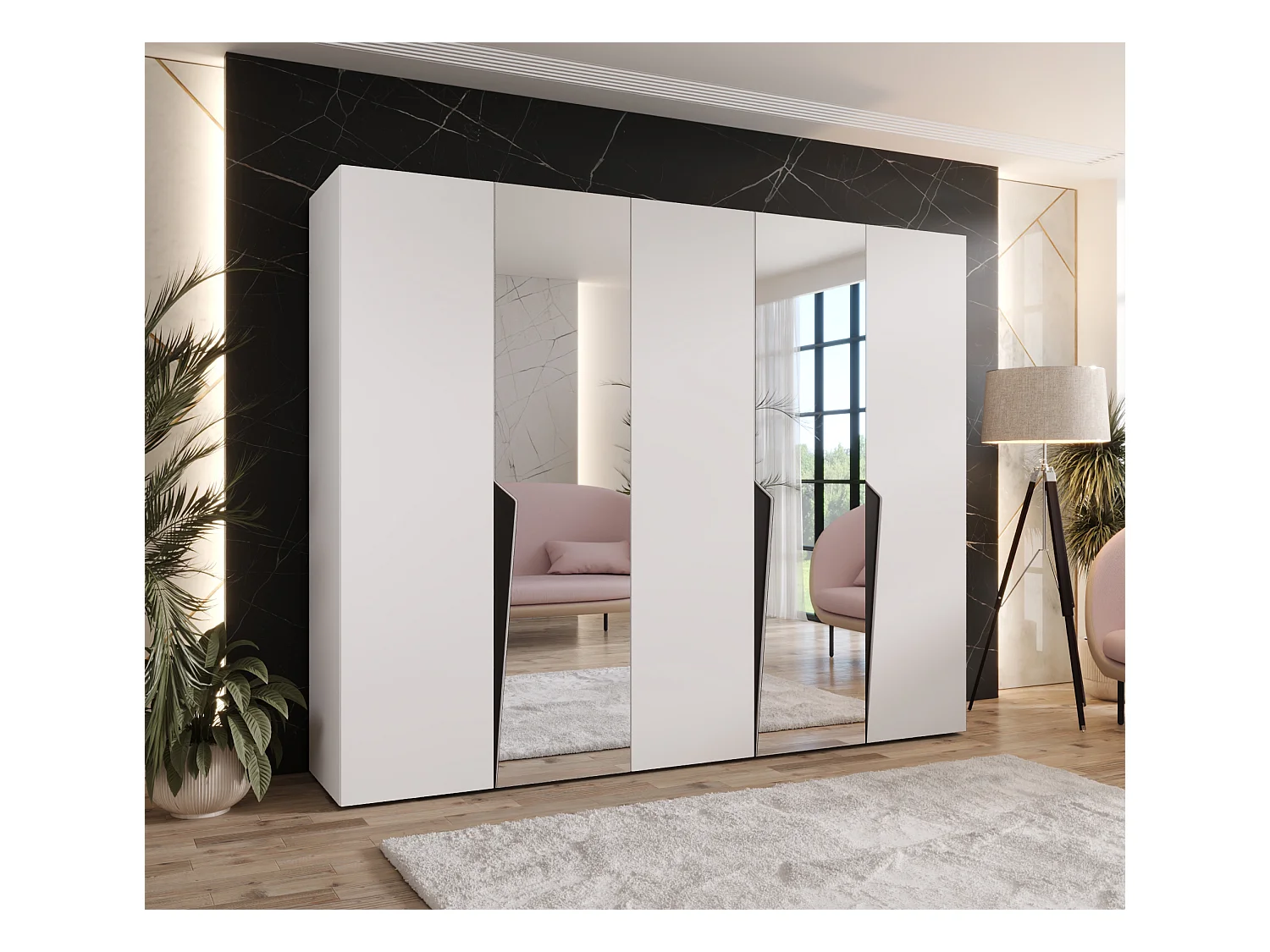 Armadio con ante a battente Piano 2 250 / 202 / 52 (Bianco + Maniglie: Nero)