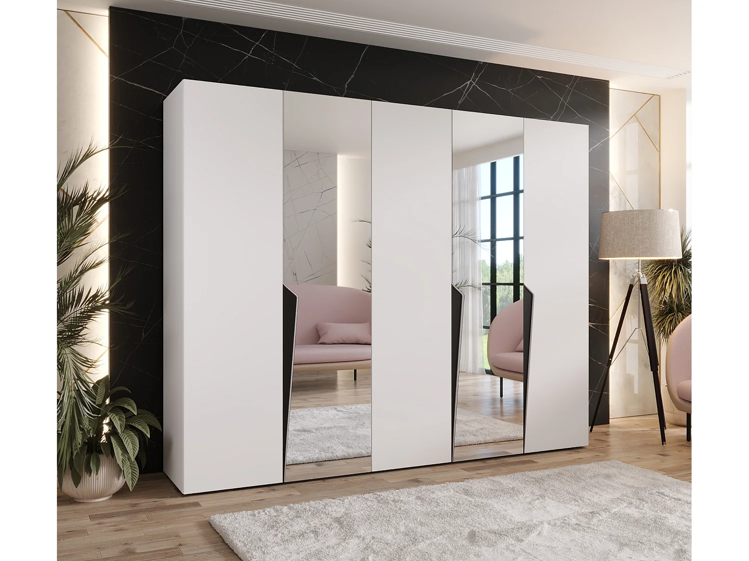 Armoire à portes battantes Piano 2 250 / 202 / 52 (Blanc + poignées: Noir)