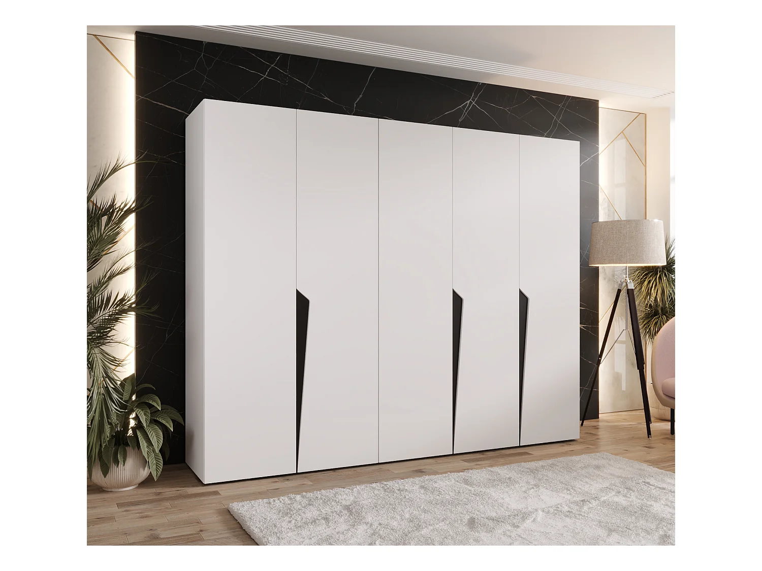 Armoire à portes battantes Piano 1 250 / 202 / 52 (Blanc + poignées: Noir)