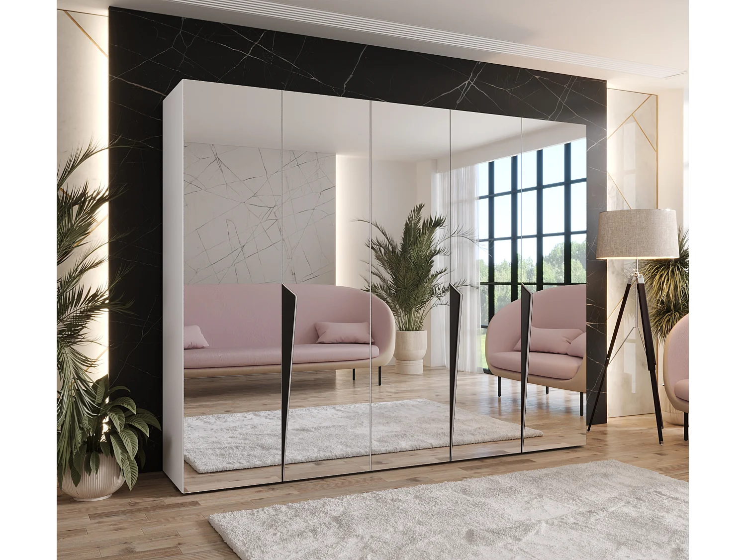 Armadio con ante a battente Piano 3 250 / 202 / 52 (Bianco + Maniglie: Nero)