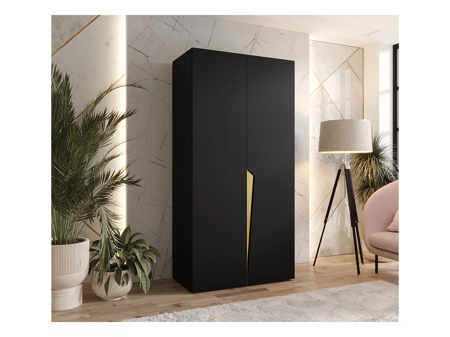 Drehtürenschrank Piano 1 100 / 202 / 52 (Schwarz + Griffe: Gold)