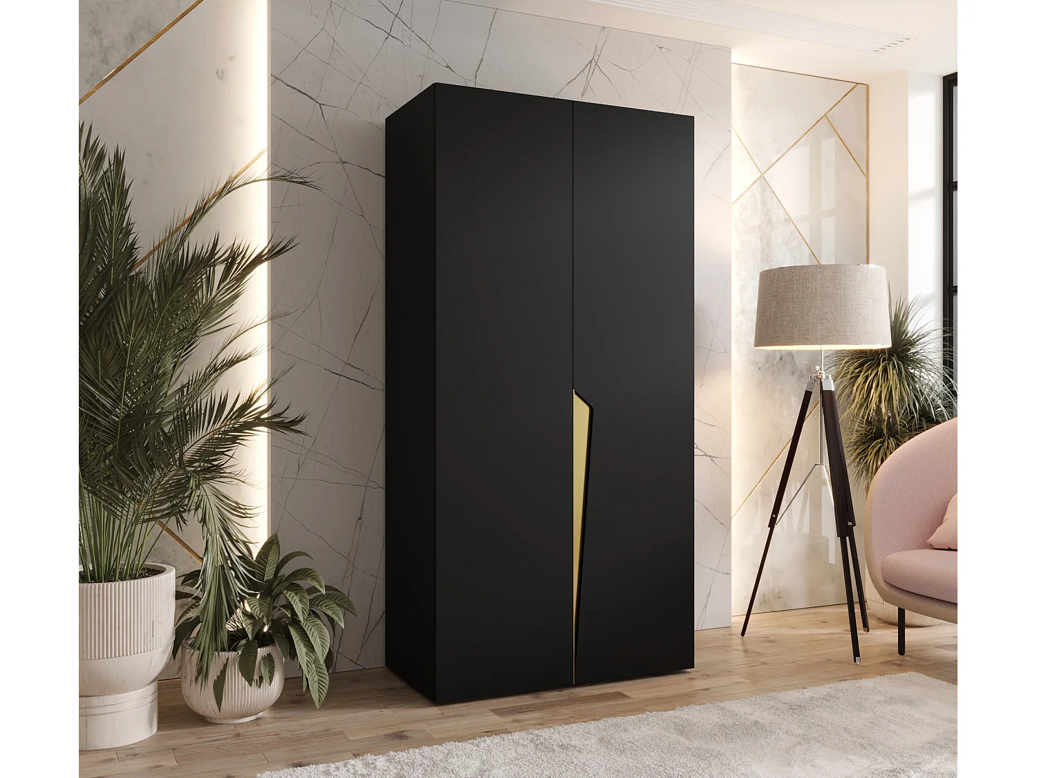 Armoire à portes battantes Piano 1 100 / 202 / 52 (Noir + poignées: Gold)