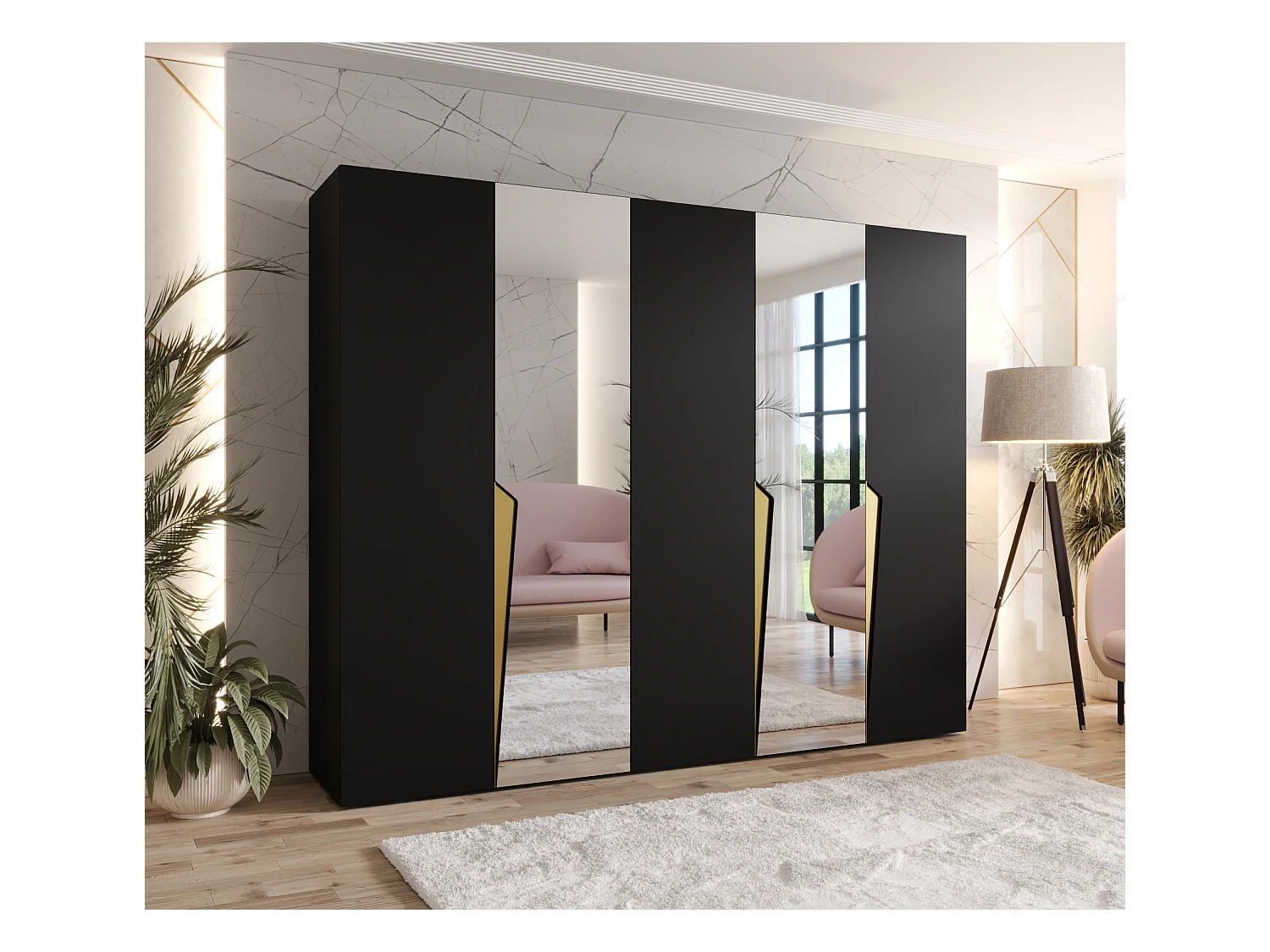 Armadio con ante a battente Piano 2 250 / 202 / 52 (Nero + Maniglie: Oro)