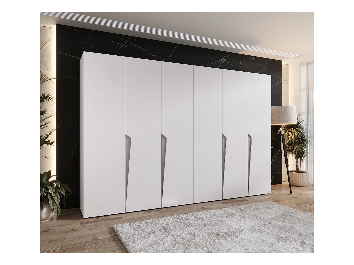 Drehtürenschrank Piano 1 300 (150x2) / 202 / 52 (Weiß + Griffe: Kaschmir)