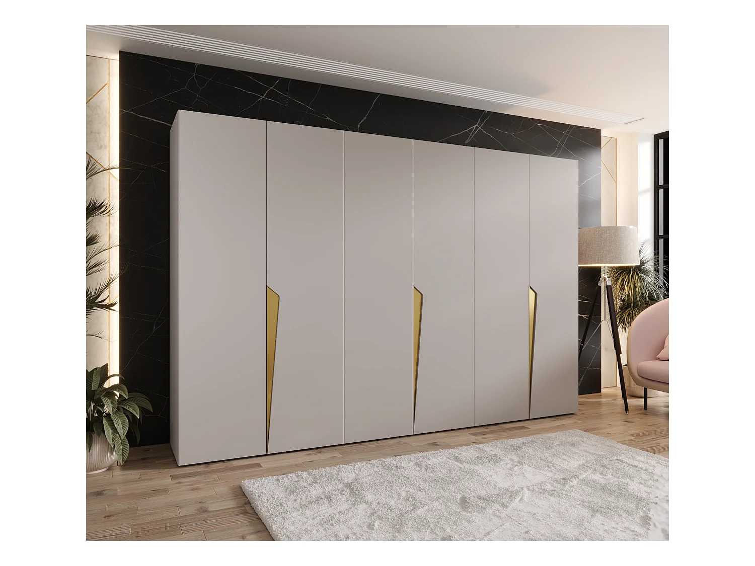 Drehtürenschrank Piano 1 300 (100x3) / 202 / 52 (Kaschmir + Griffe: Gold)