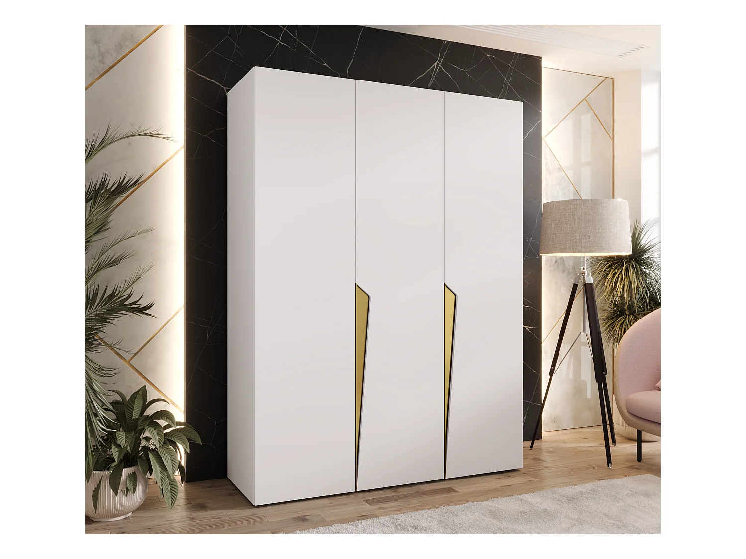 Draaideurkast Piano 1 150 / 202 / 52 (Wit + handgrepen: Goud)