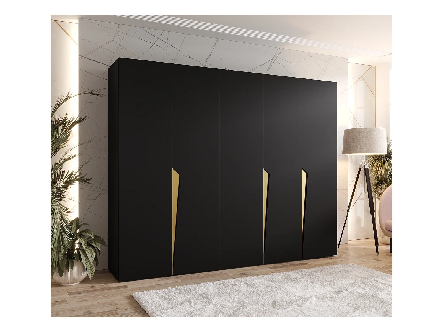 Armoire à portes battantes Piano 1 250 / 202 / 52 (Noir + poignées: Gold)