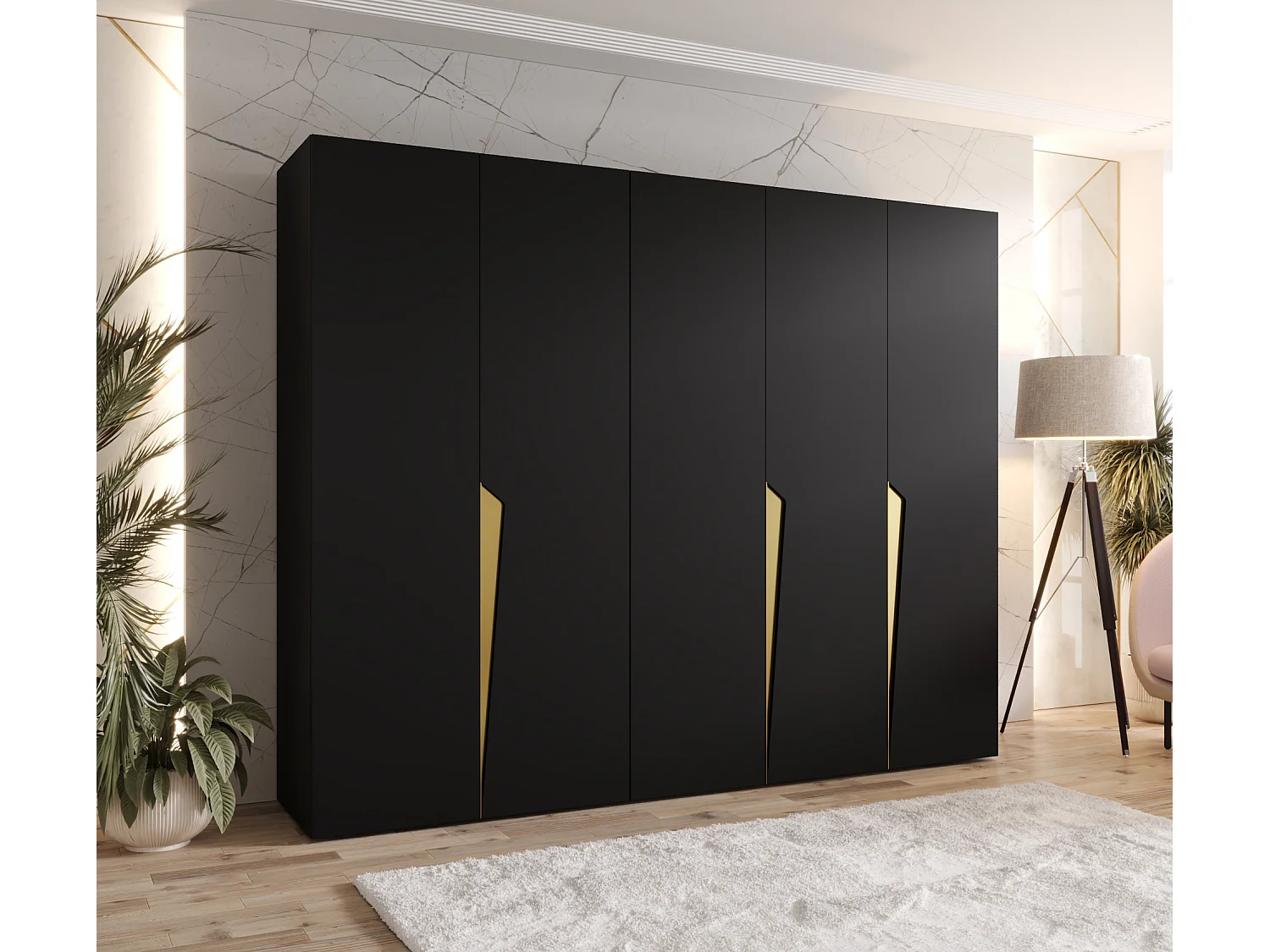 Armoire à portes battantes Piano 1 250 / 202 / 52 (Noir + poignées: Gold)