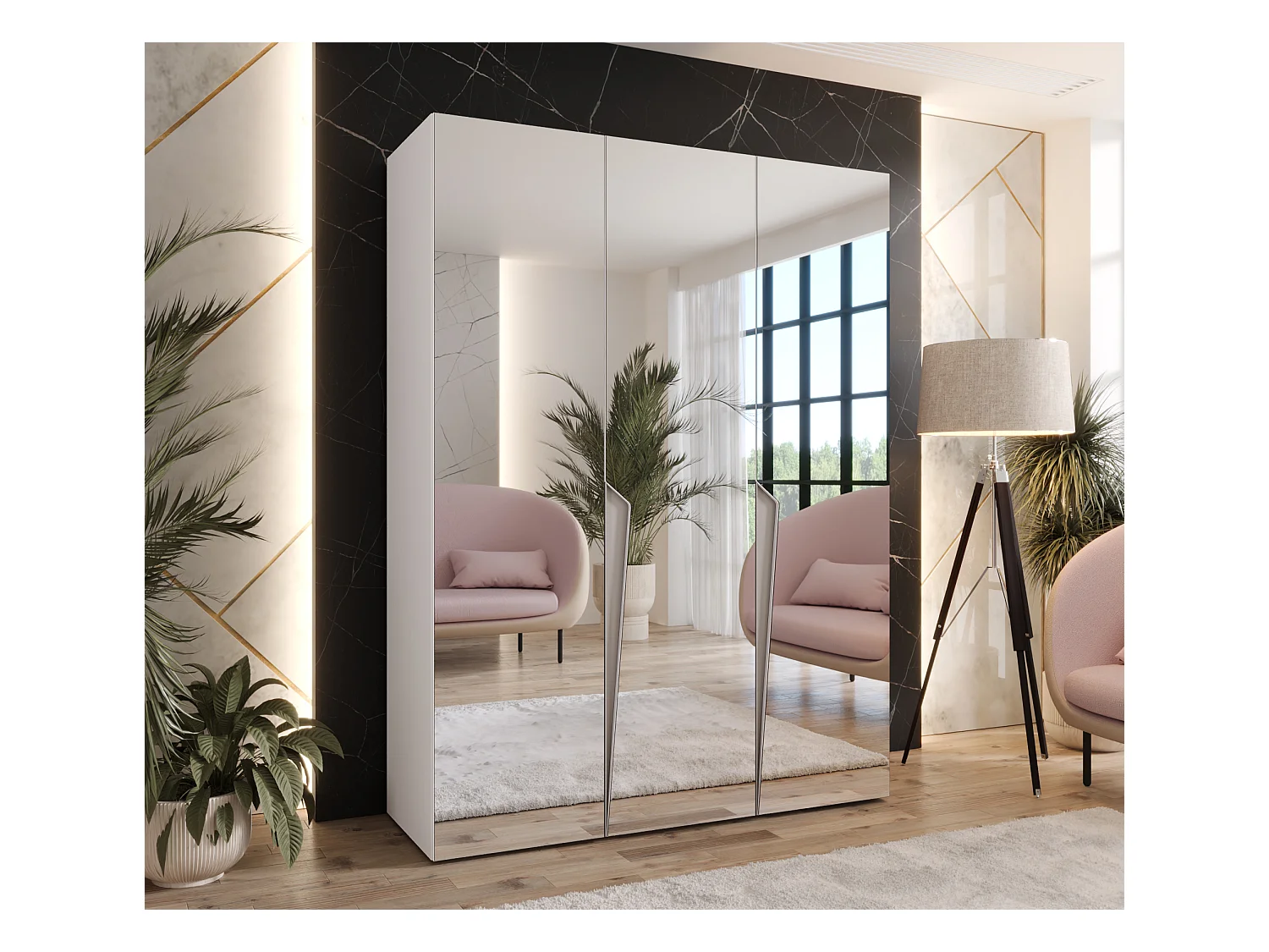 Armoire à portes battantes Piano 3 150 / 202 / 52 (Blanc + poignées: Cachemire)