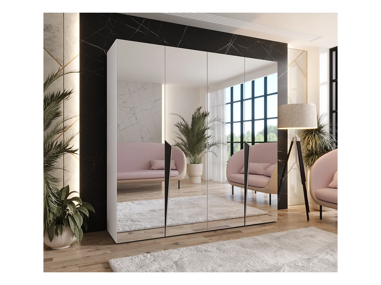 Armario con puertas batientes Piano 3 200 / 202 / 52 (Blanco + Asas: Negro)