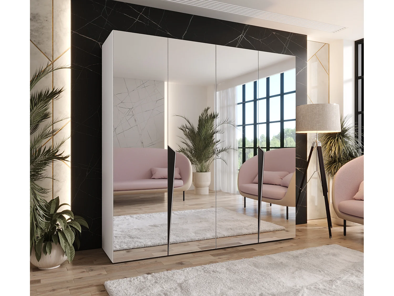 Armoire à portes battantes Piano 3 200 / 202 / 52 (Blanc + poignées: Noir)