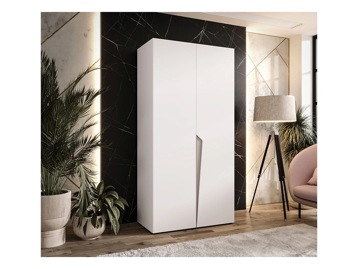 Armoire à portes battantes Piano 1 100 / 202 / 52 (Blanc + poignées: Cachemire)