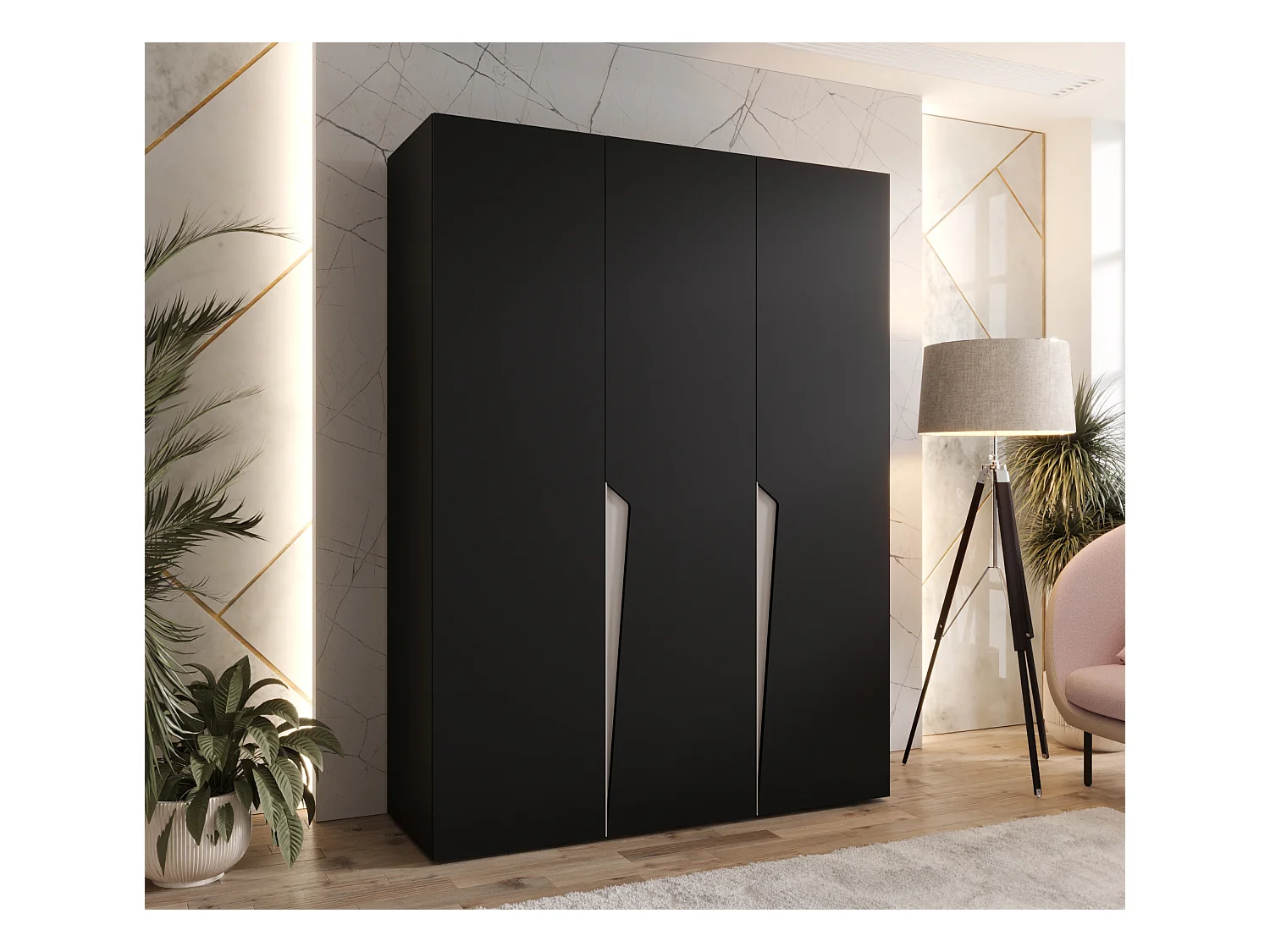 Armoire à portes battantes Piano 1 150 / 202 / 52 (Noir + poignées: Cachemire)