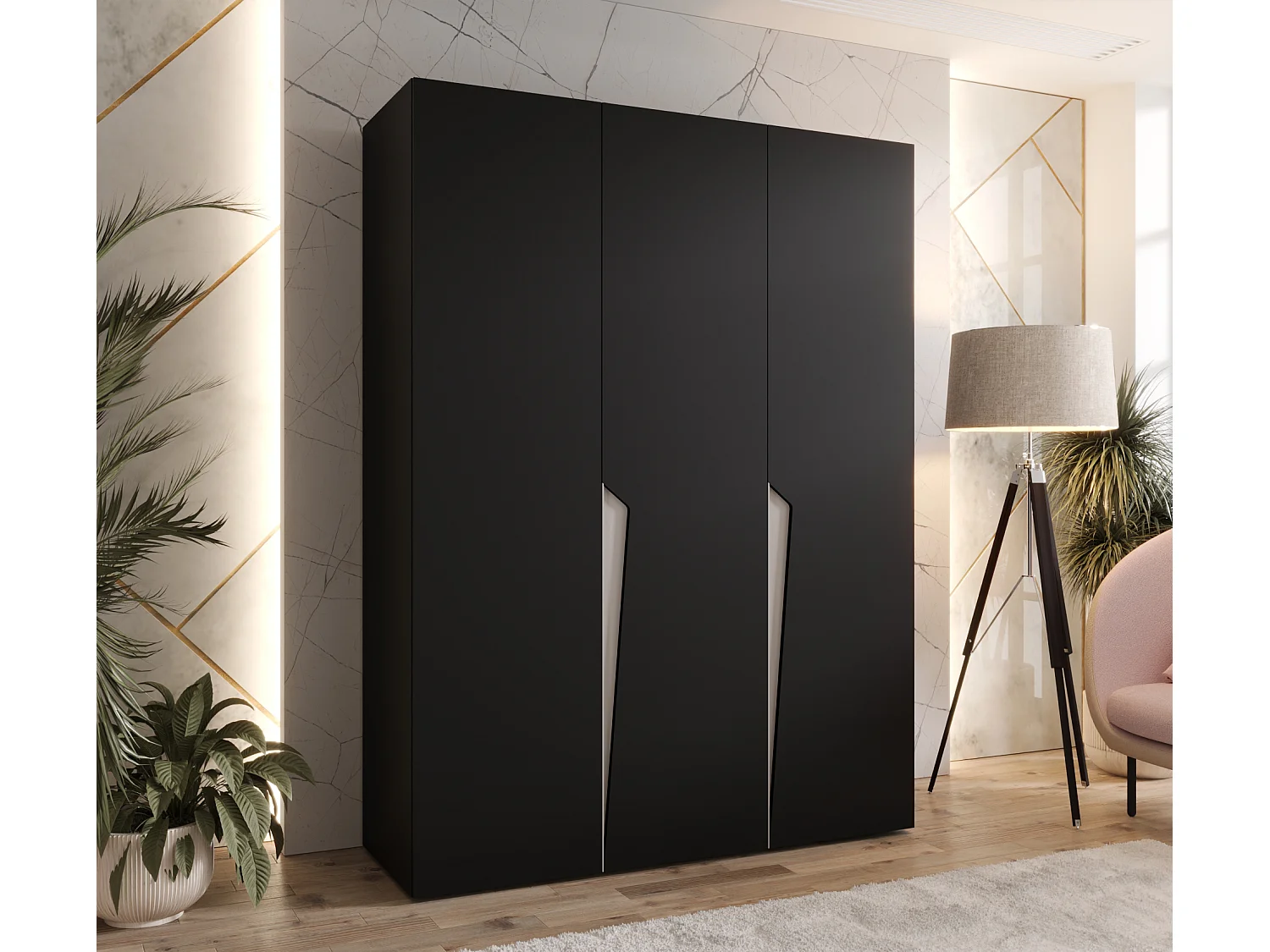 Armoire à portes battantes Piano 1 150 / 202 / 52 (Noir + poignées: Cachemire)