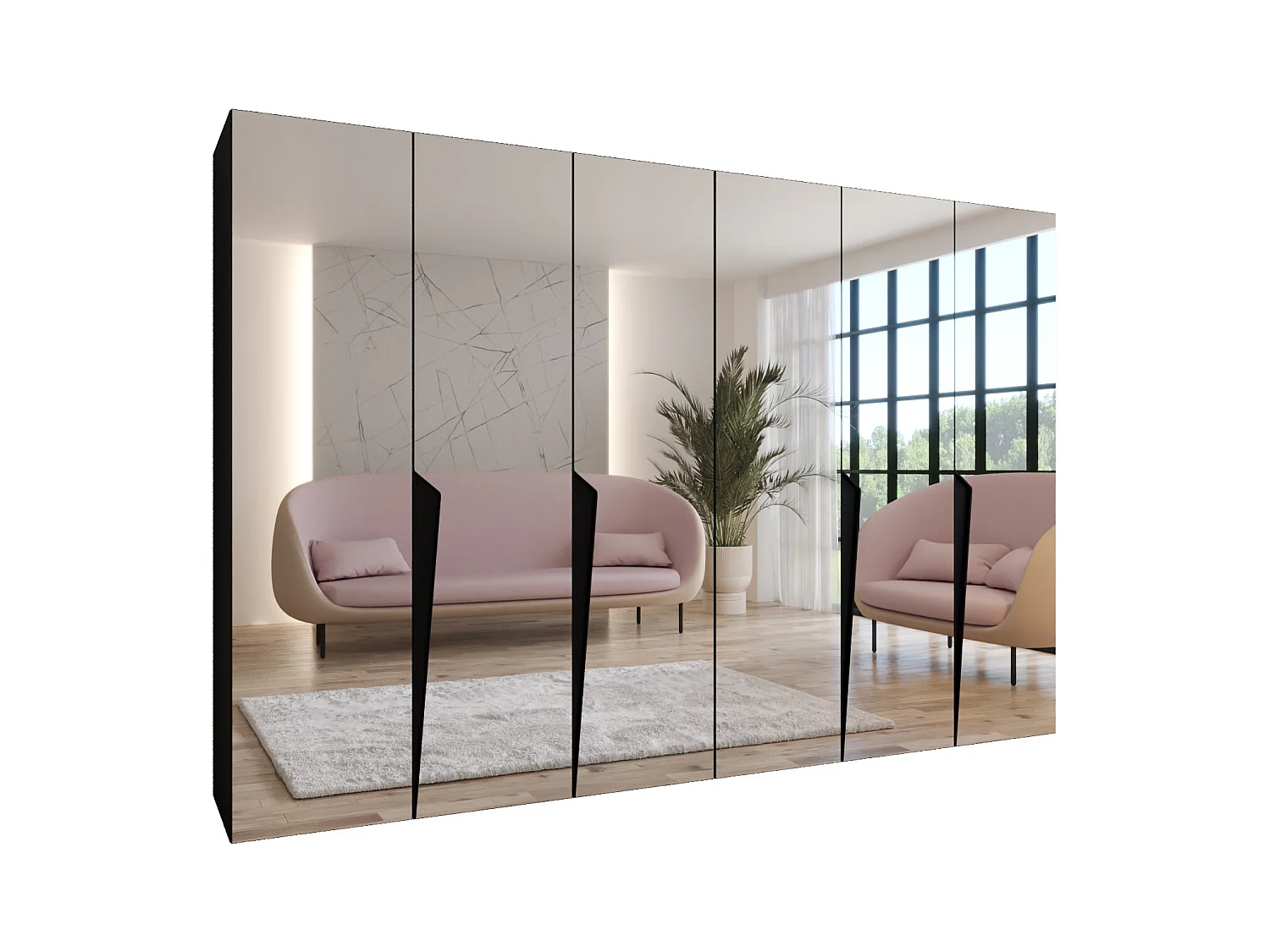 Armadio con ante a battente Piano 3 300 (150x2) / 202 / 52 (Nero + Maniglie: Nero)