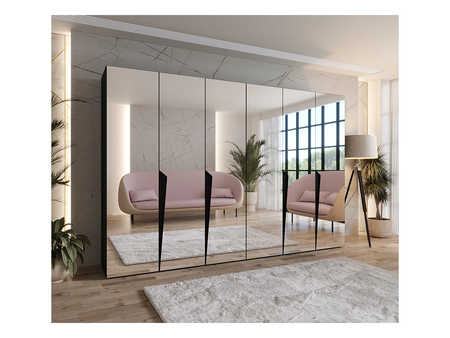 Armadio con ante a battente Piano 3 300 (150x2) / 202 / 52 (Nero + Maniglie: Nero)