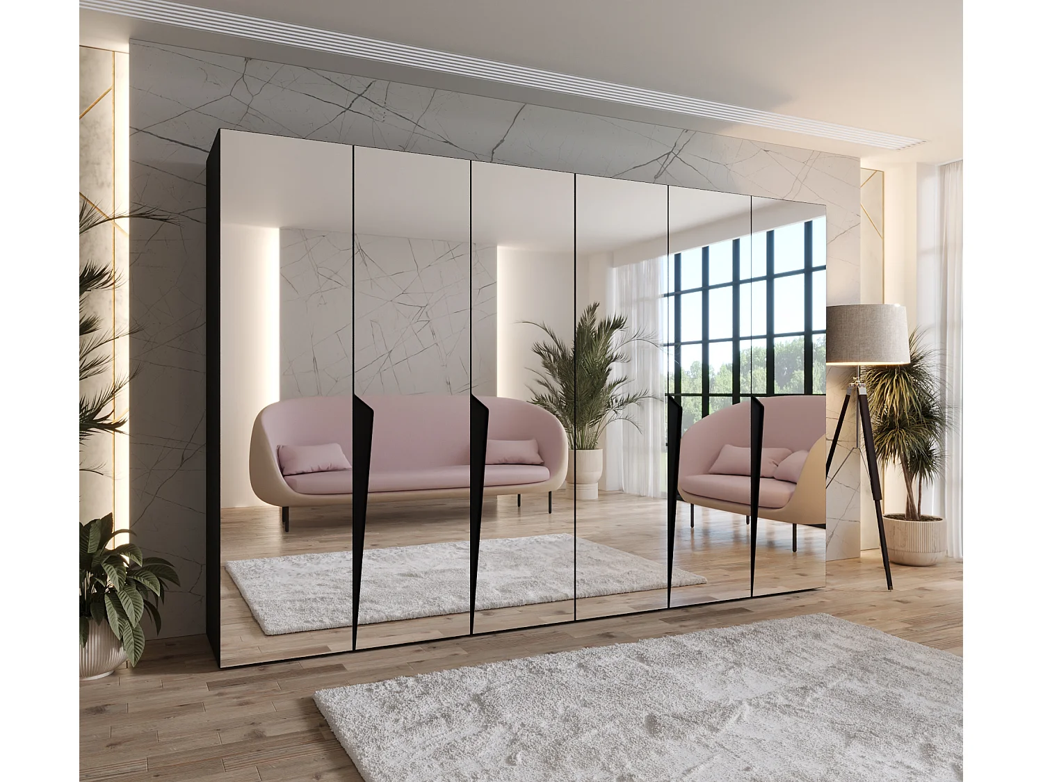 Armario con puertas batientes Piano 3 300 (150x2) / 202 / 52 (Negro + Asas: Negro)