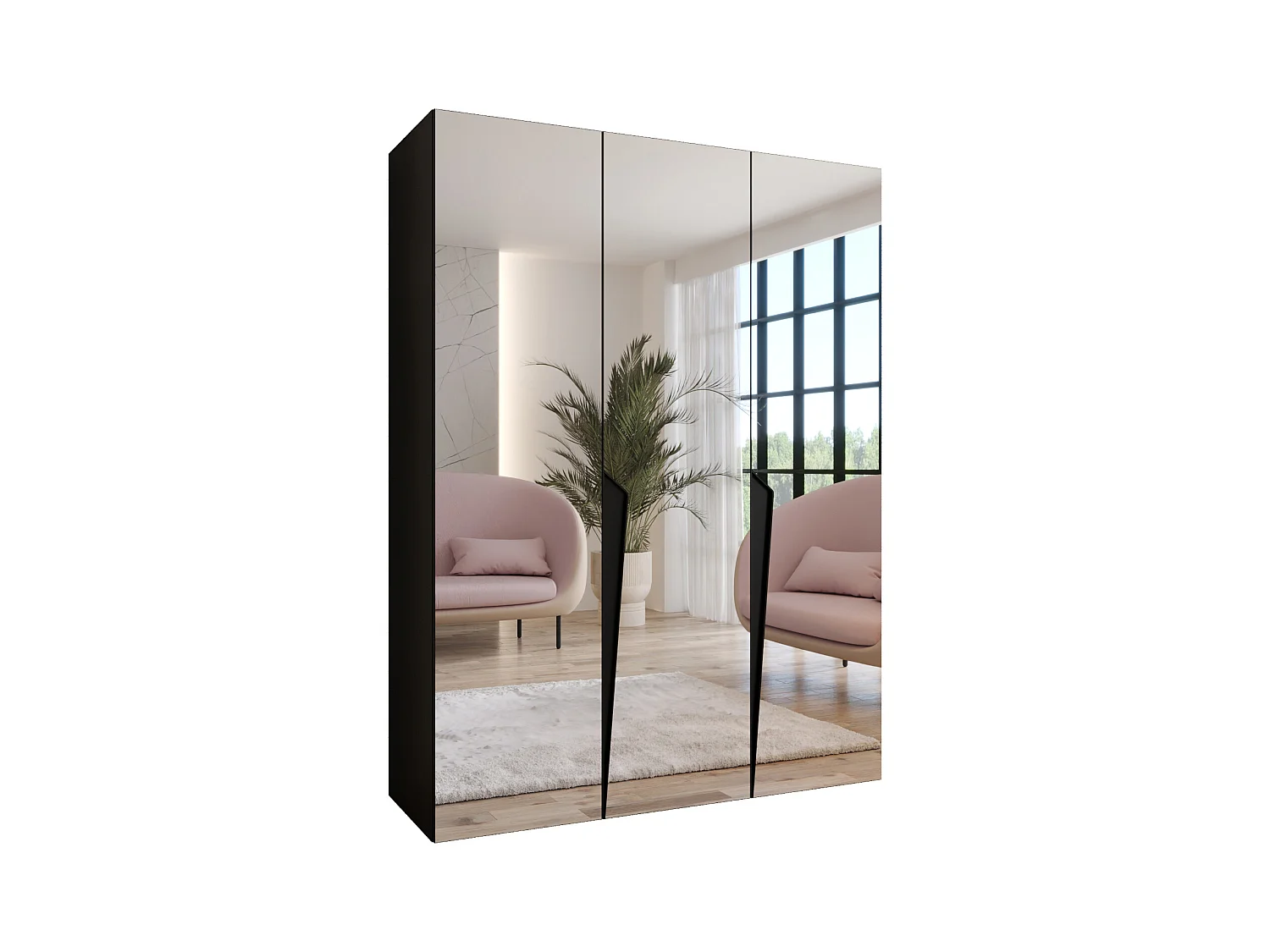 Armadio con ante a battente Piano 3 150 / 202 / 52 (Nero + Maniglie: Nero)