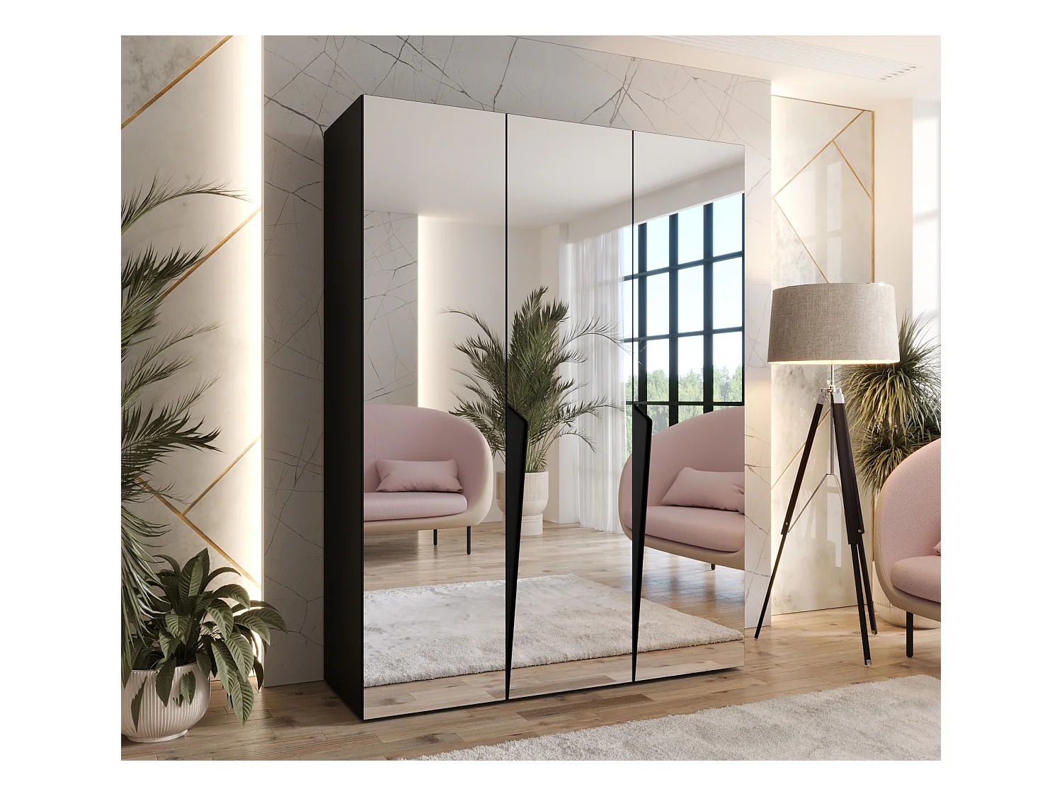 Armadio con ante a battente Piano 3 150 / 202 / 52 (Nero + Maniglie: Nero)