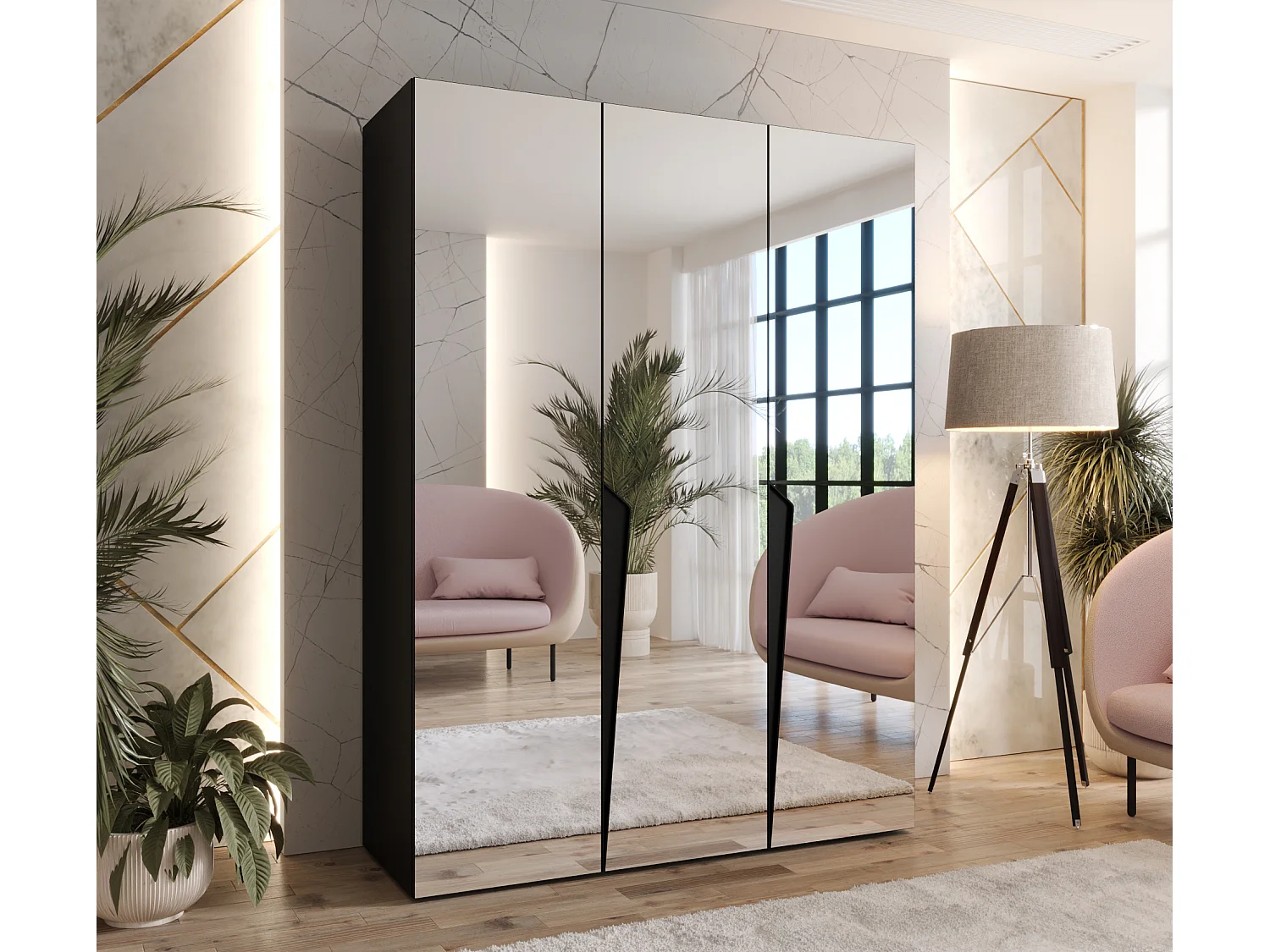 Armadio con ante a battente Piano 3 150 / 202 / 52 (Nero + Maniglie: Nero)