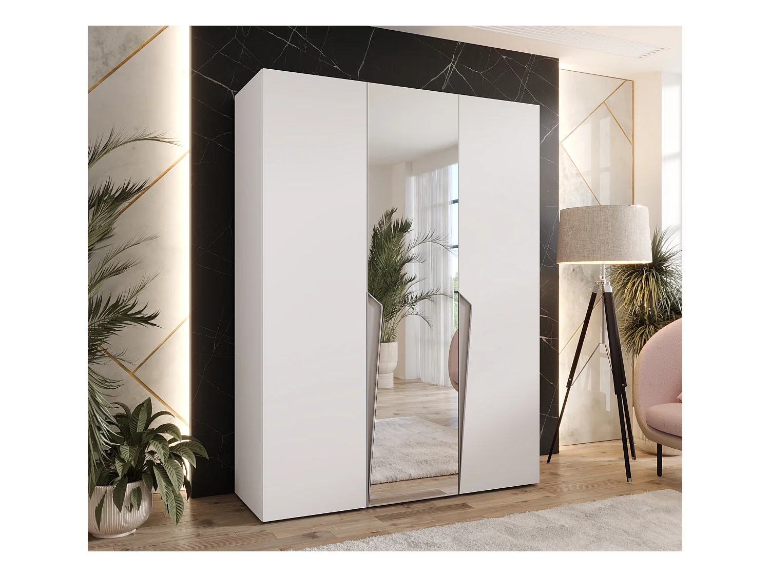 Armoire à portes battantes Piano 2 150 / 202 / 52 (Blanc + poignées: Cachemire)