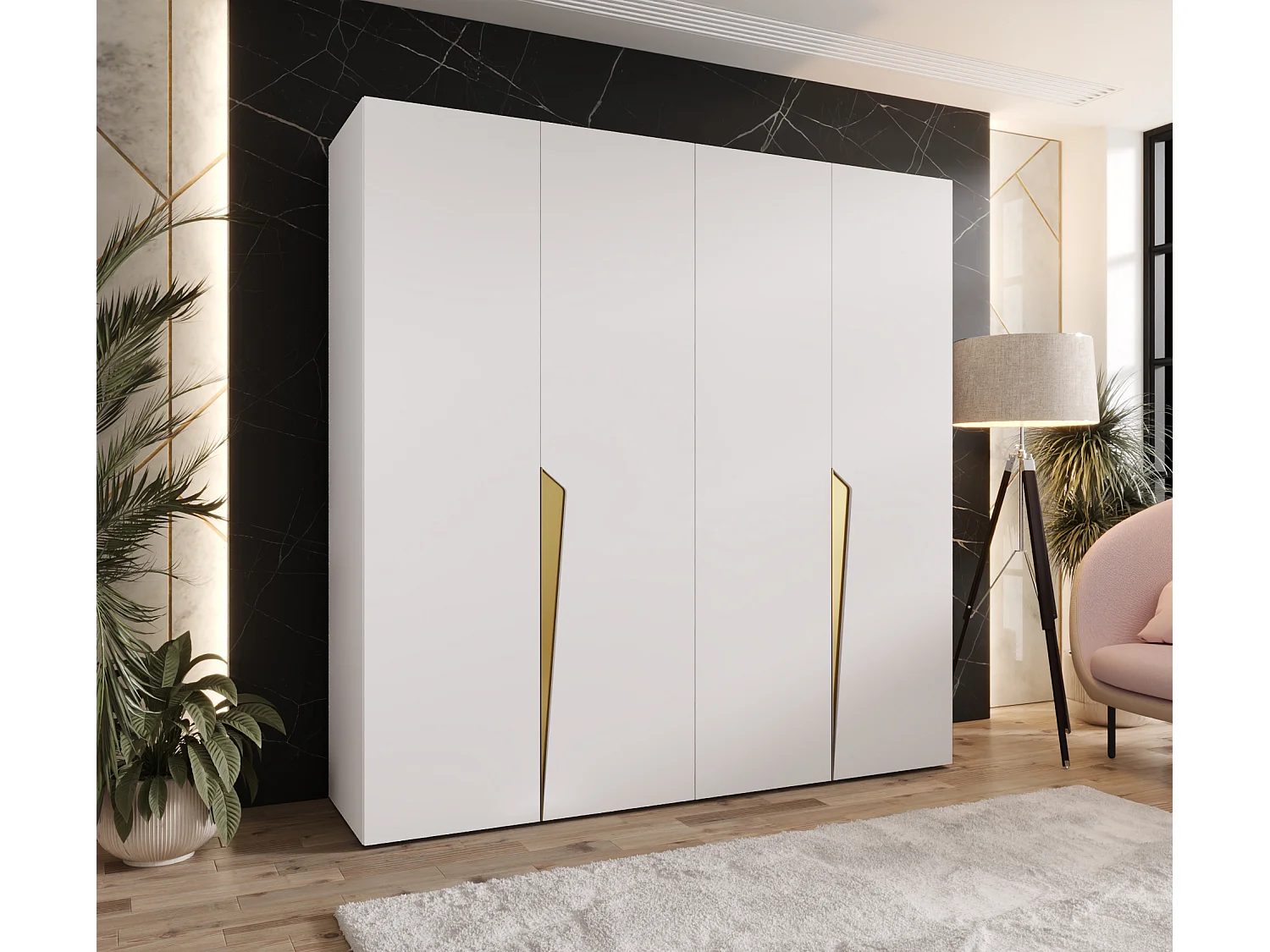 Armoire à portes battantes Piano 1 200 / 202 / 52 (Blanc + poignées: Gold)