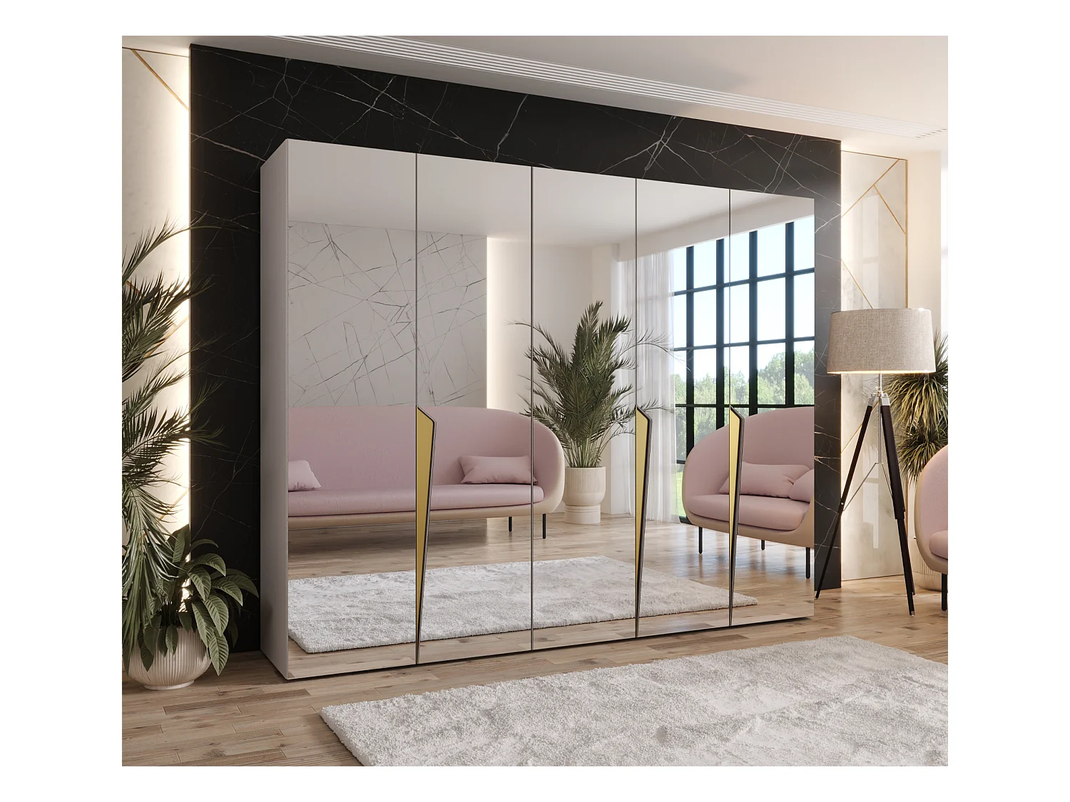 Armario con puertas batientes Piano 3 250 / 202 / 52 (Cachemira + Asas: Oro)