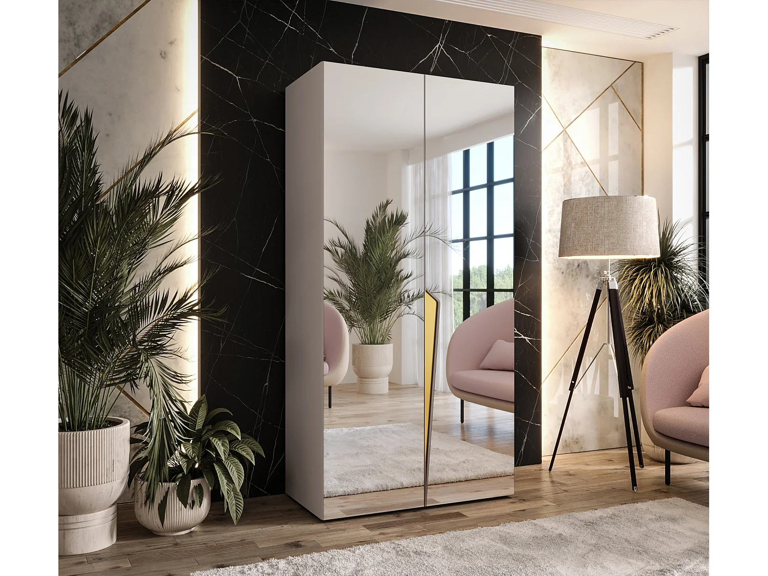 Armario con puertas batientes Piano 3 100 / 202 / 52 (Cachemira + Asas: Oro)