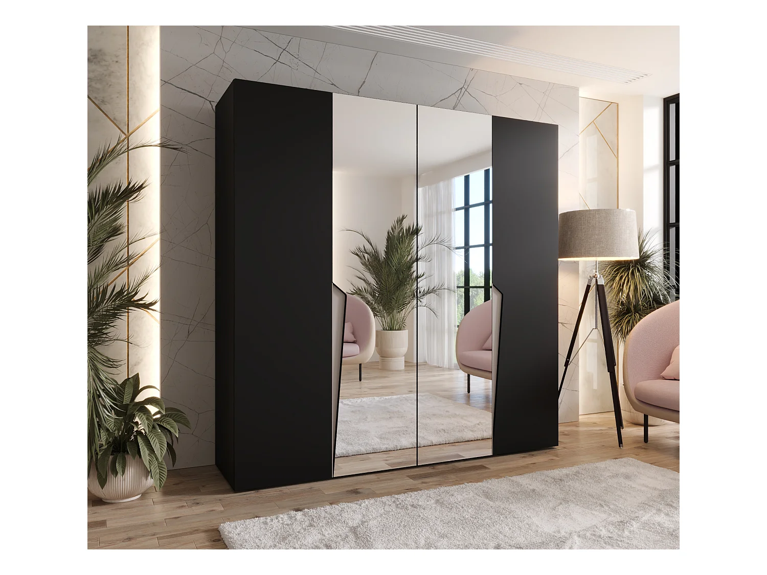 Armadio con ante a battente Piano 2 200 / 202 / 52 (Nero + Maniglie: Cashmere)