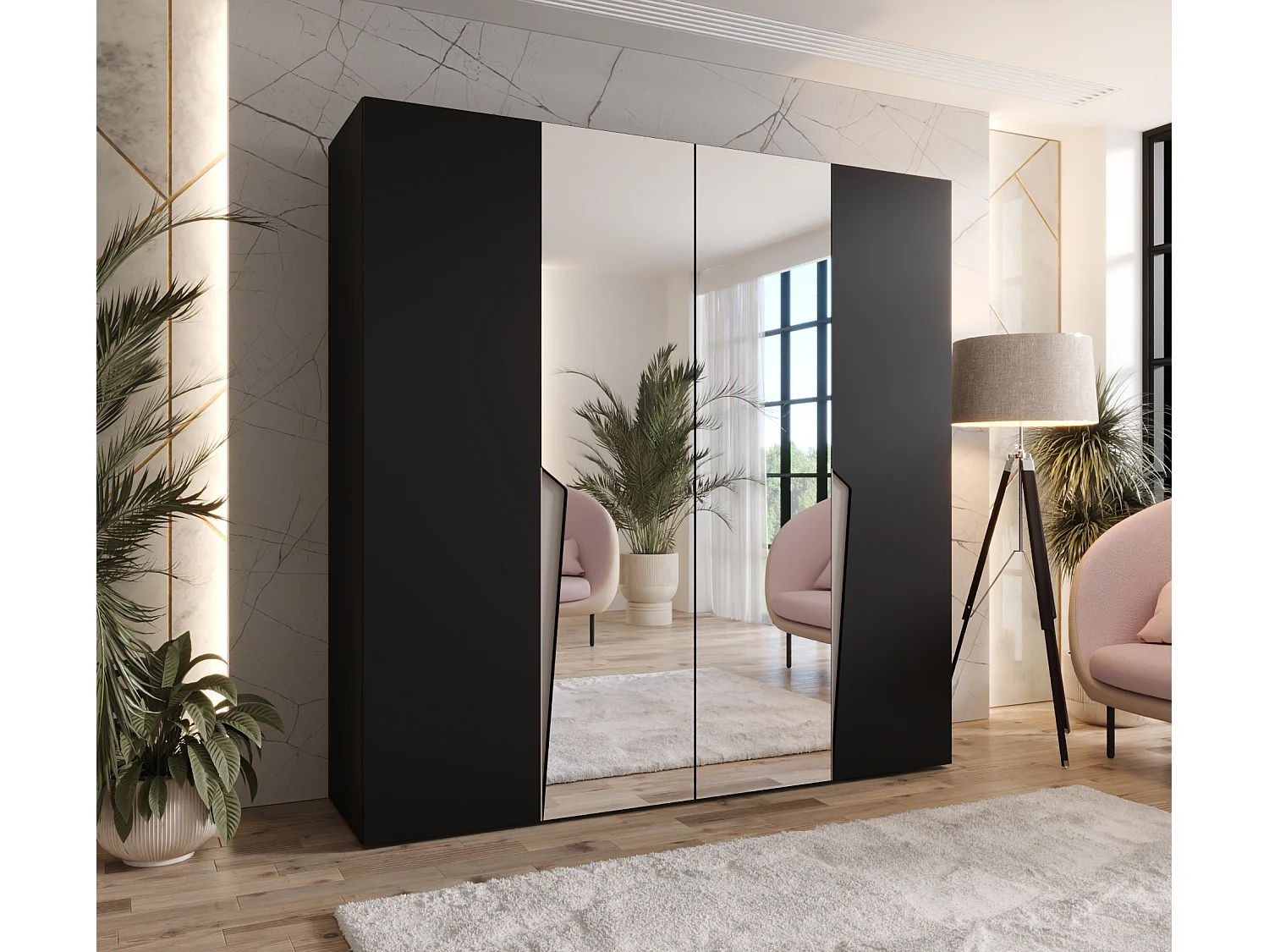 Armoire à portes battantes Piano 2 200 / 202 / 52 (Noir + poignées: Cachemire)