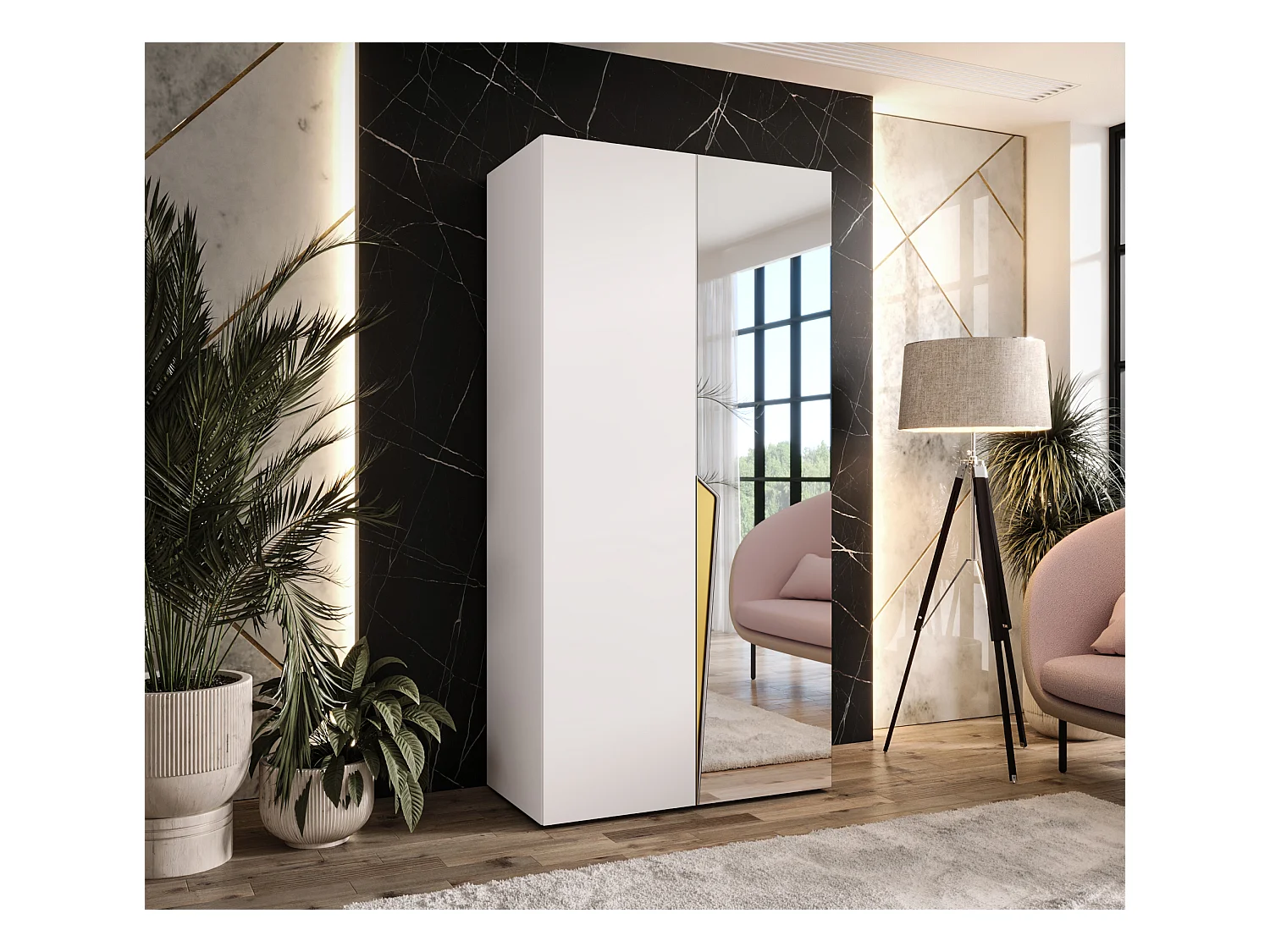 Armoire à portes battantes Piano 2 100 / 202 / 52 (Blanc + poignées: Gold)