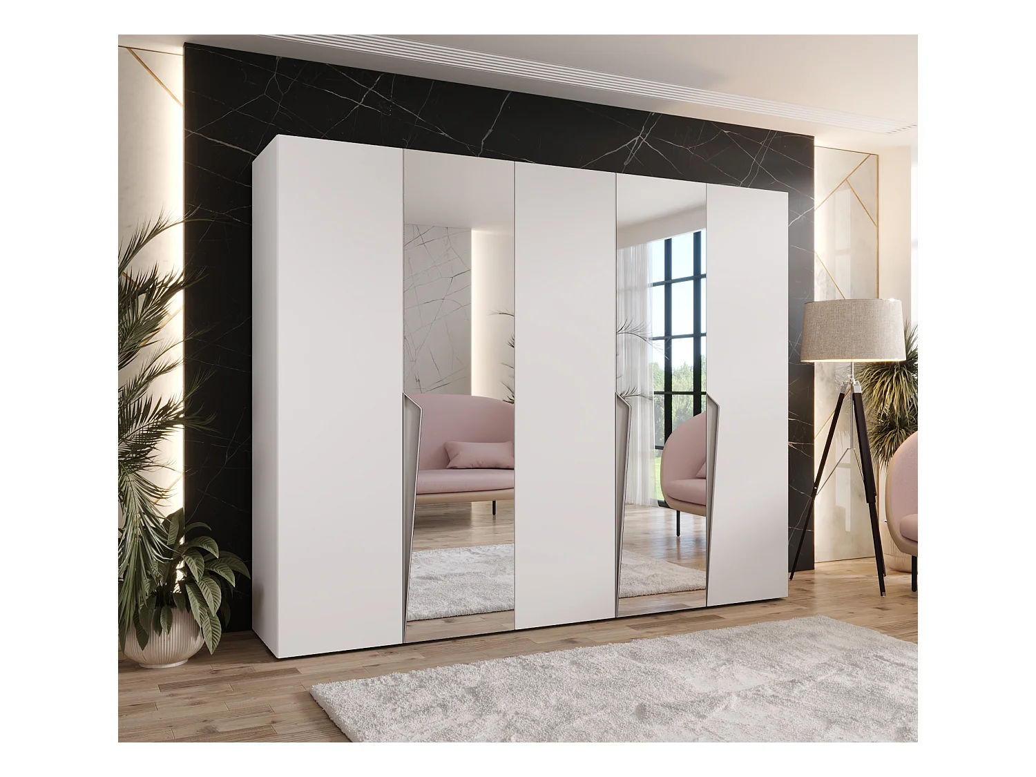 Drehtürenschrank Piano 2 250 / 202 / 52 (Weiß + Griffe: Kaschmir)