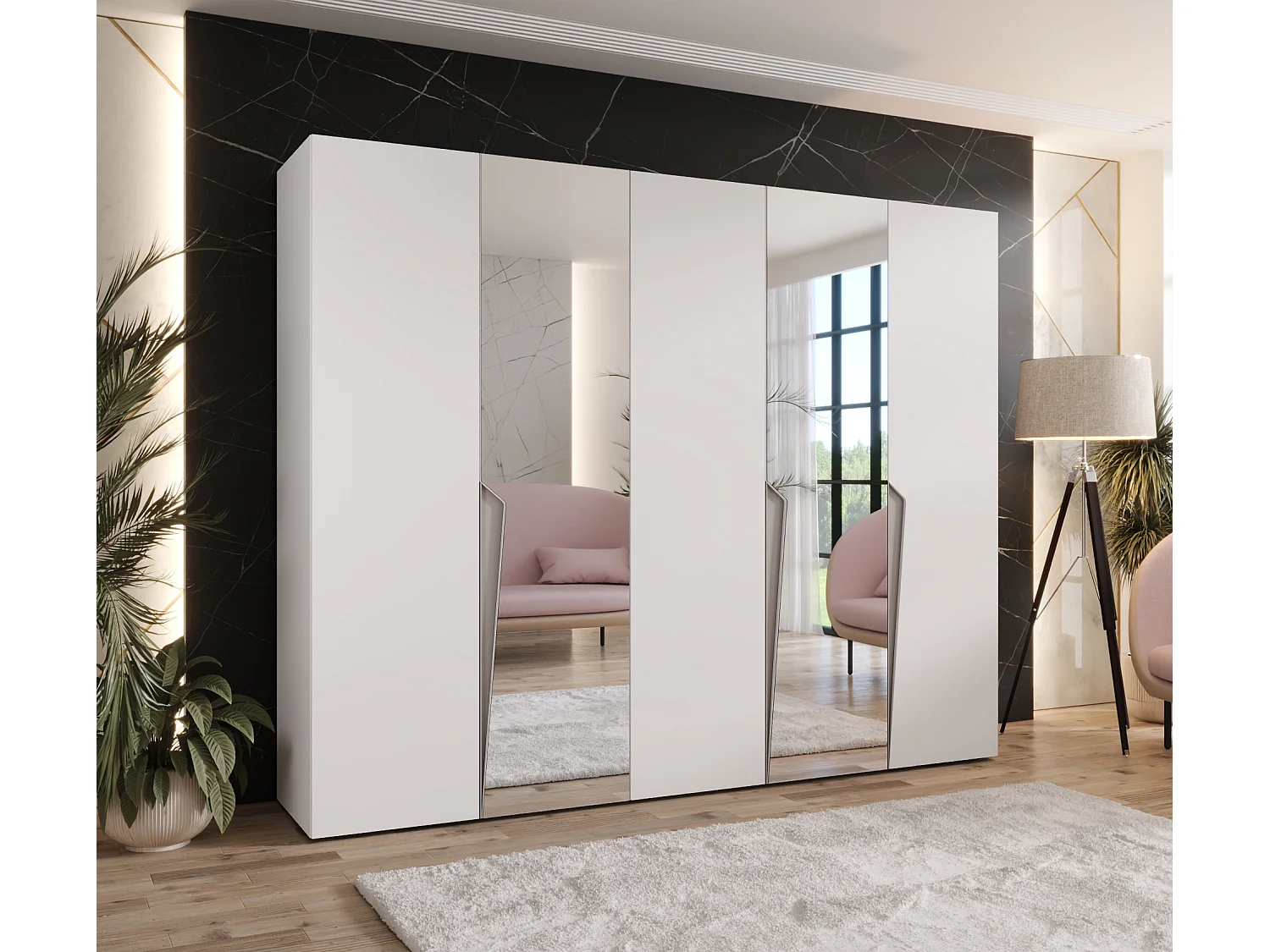 Armoire à portes battantes Piano 2 250 / 202 / 52 (Blanc + poignées: Cachemire)