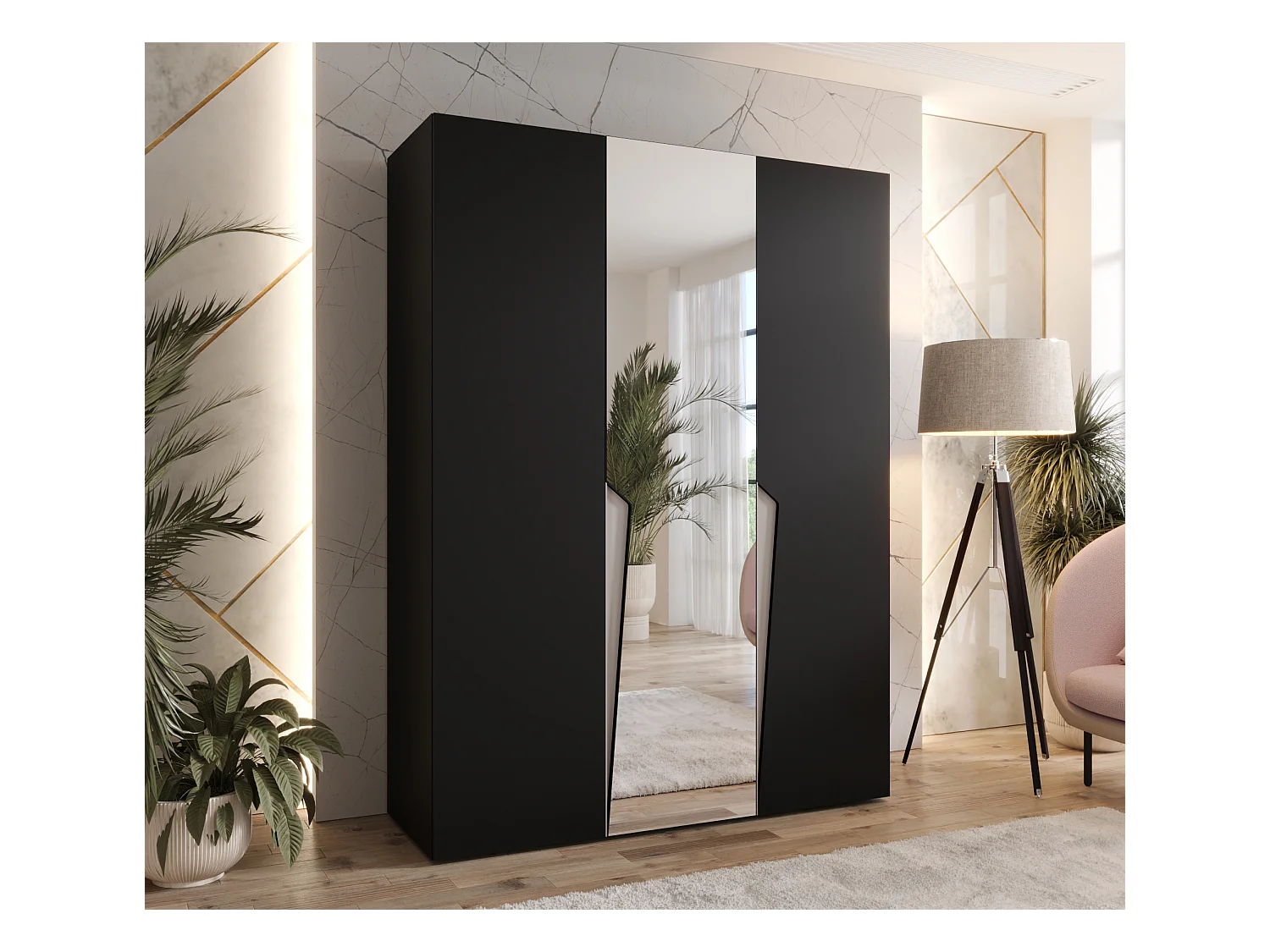 Armadio con ante a battente Piano 2 150 / 202 / 52 (Nero + Maniglie: Cashmere)