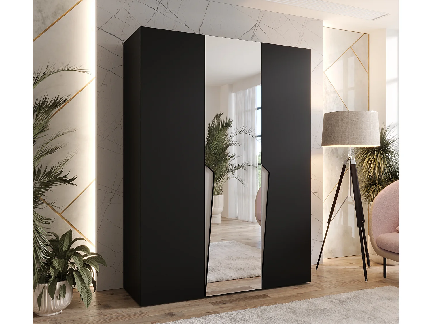 Armoire à portes battantes Piano 2 150 / 202 / 52 (Noir + poignées: Cachemire)