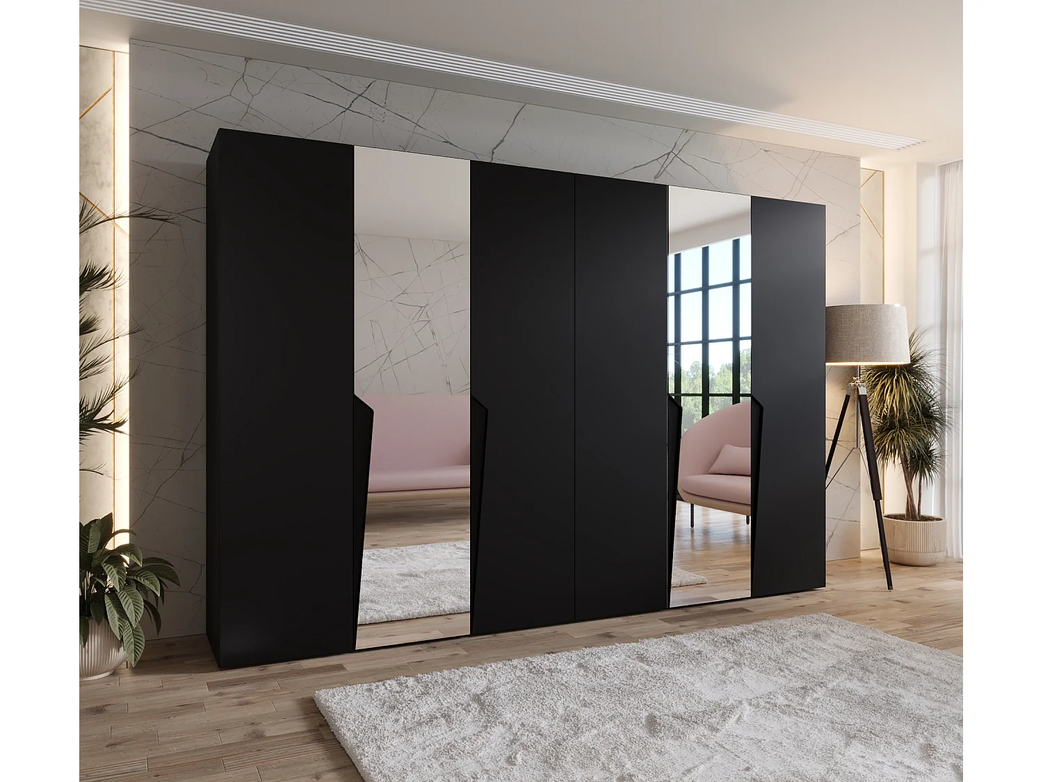 Armario con puertas batientes Piano 2 300 (150x2) / 202 / 52 (Negro + Asas: Negro)