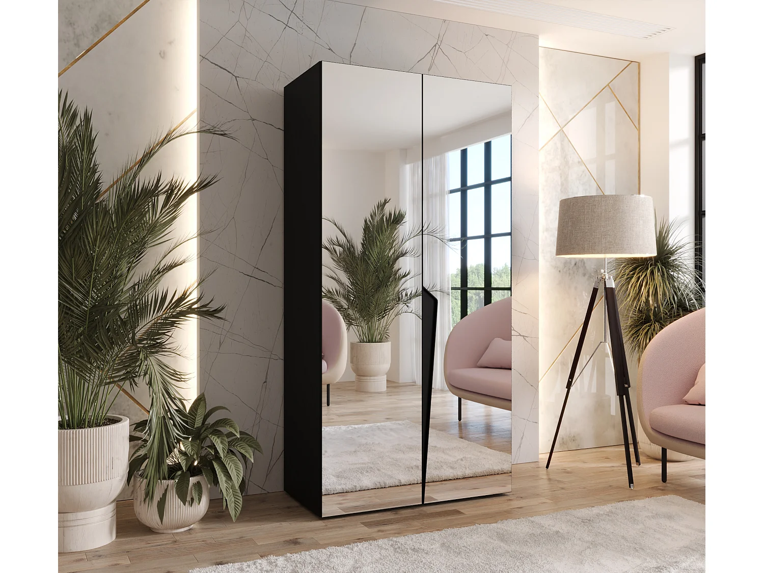 Armoire à portes battantes Piano 3 100 / 202 / 52 (Noir + poignées: Noir)