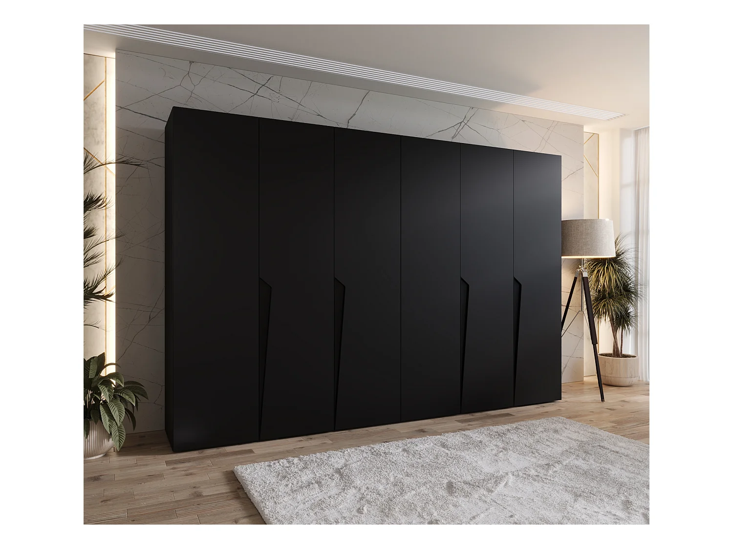 Armadio con ante a battente Piano 1 300 (150x2) / 202 / 52 (Nero + Maniglie: Nero)