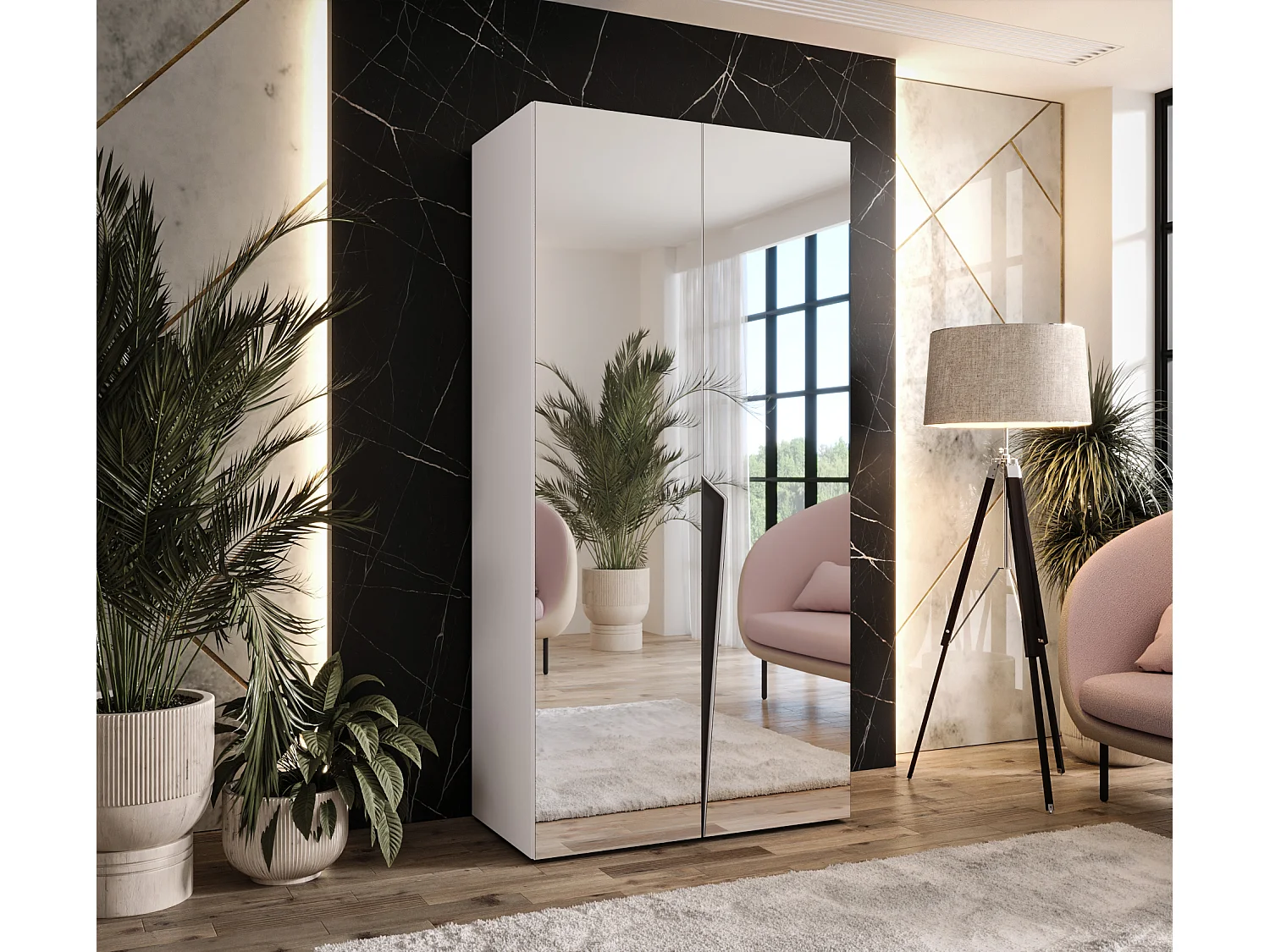 Armoire à portes battantes Piano 3 100 / 202 / 52 (Blanc + poignées: Noir)