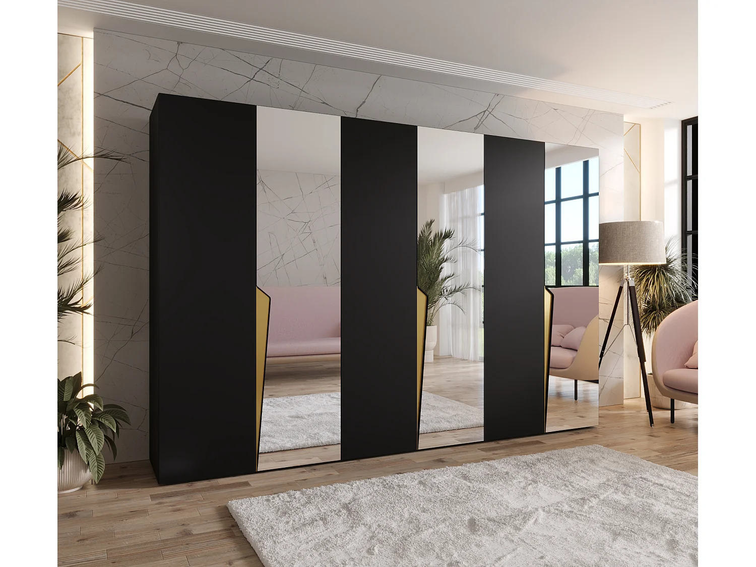 Armoire à portes battantes Piano 2 300 (100x3) / 202 / 52 (Noir + poignées: Gold)