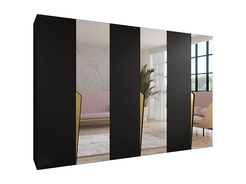 Armoire à portes battantes Piano 2 300 (100x3) / 202 / 52 (Noir + poignées: Gold)