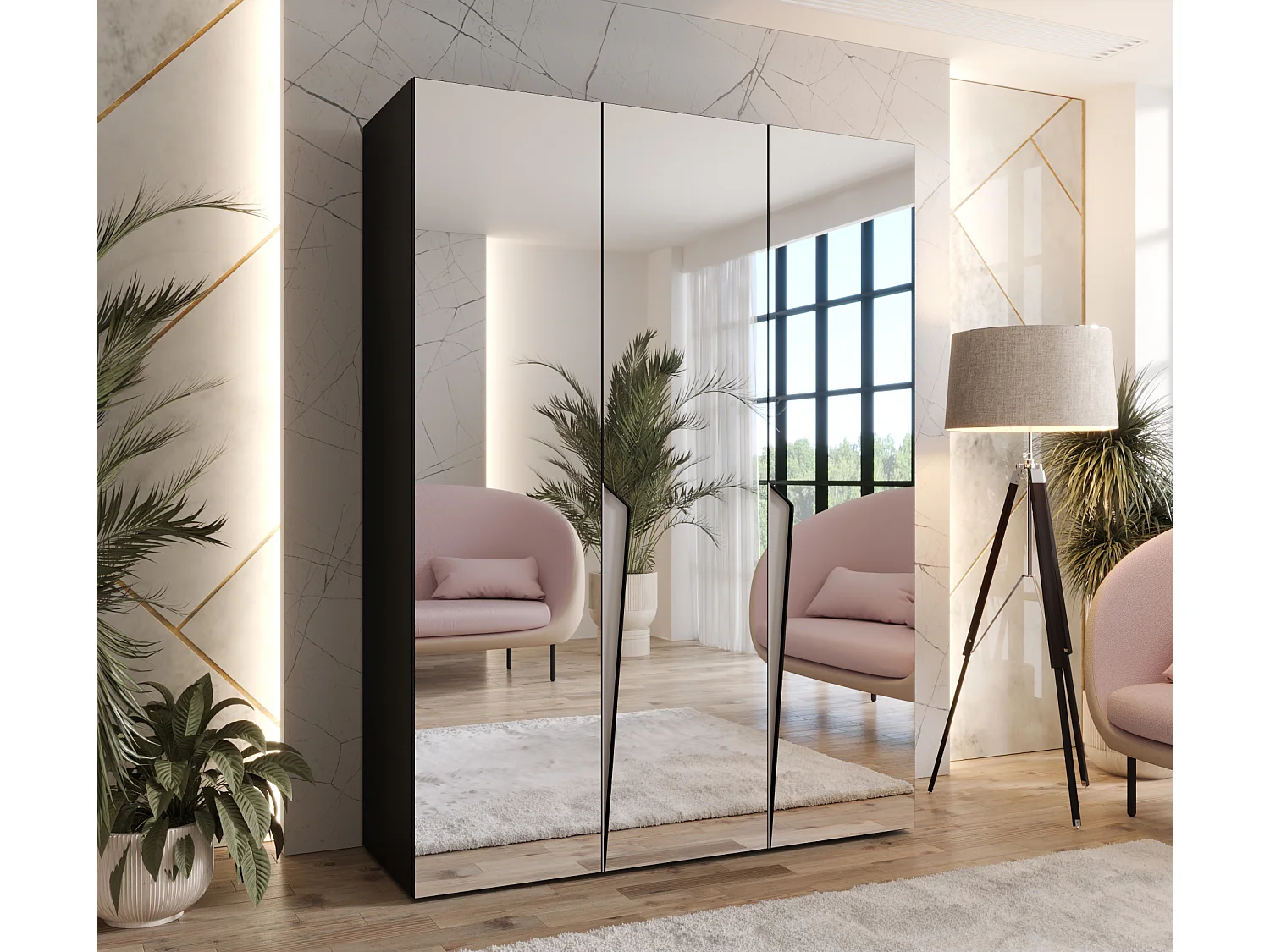 Armoire à portes battantes Piano 3 150 / 202 / 52 (Noir + poignées: Cachemire)