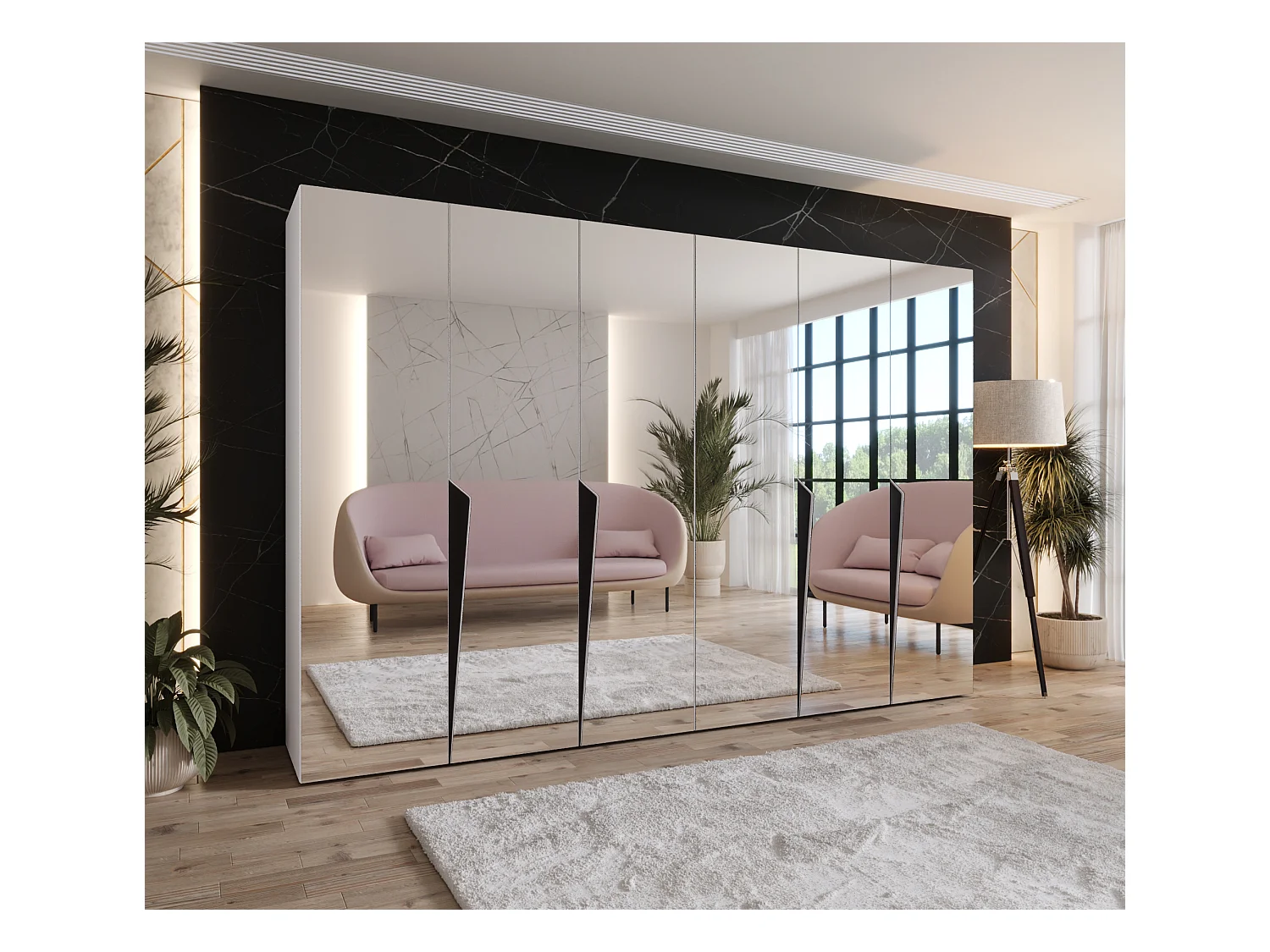 Armadio con ante a battente Piano 3 300 (150x2) / 202 / 52 (Bianco + Maniglie: Nero)