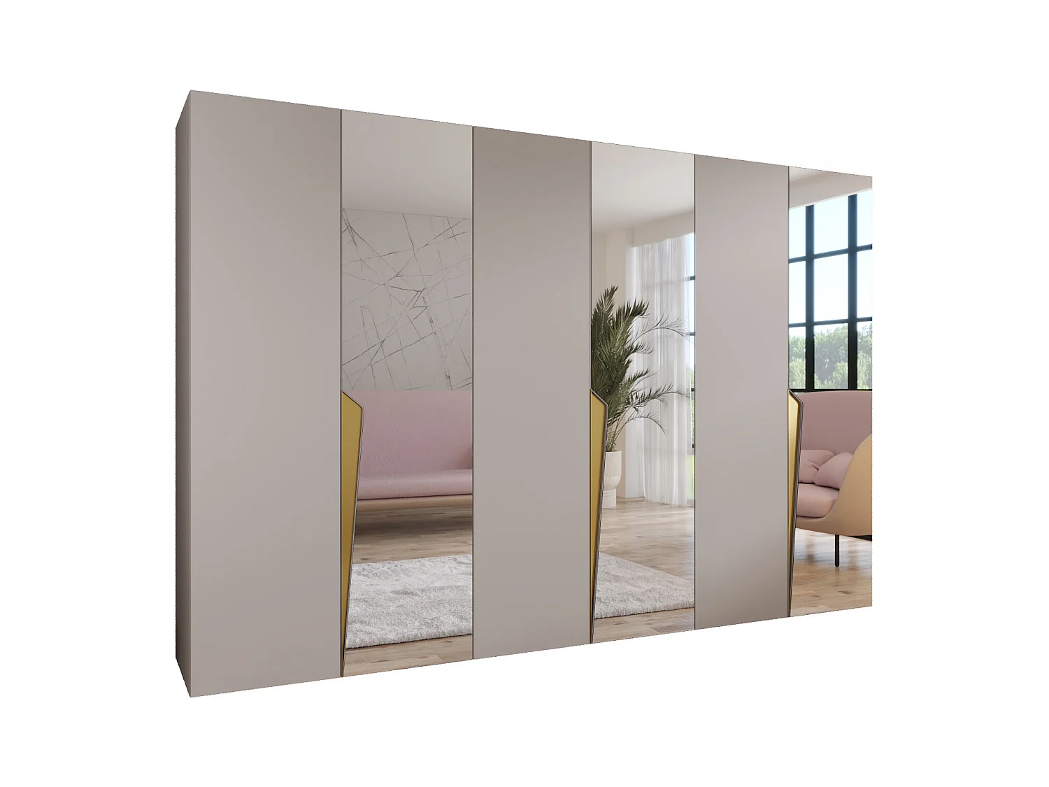 Drehtürenschrank Piano 2 300 (100x3) / 202 / 52 (Kaschmir + Griffe: Gold)