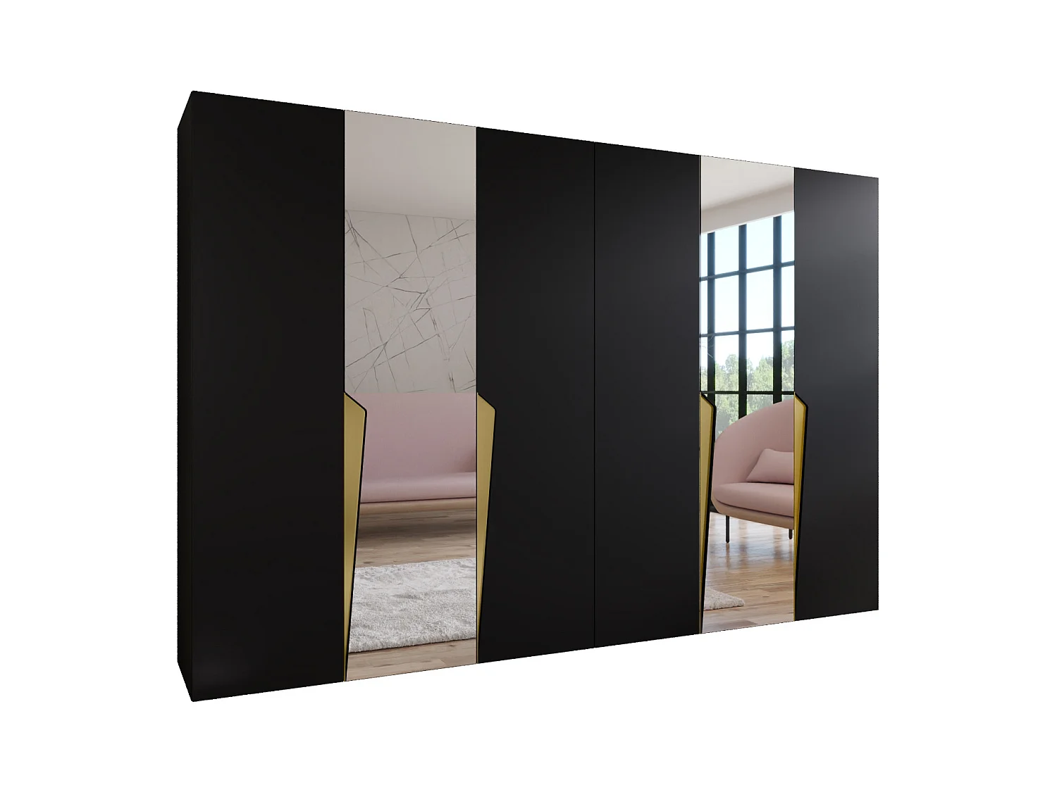 Armadio con ante a battente Piano 2 300 (150x2) / 202 / 52 (Nero + Maniglie: Oro)