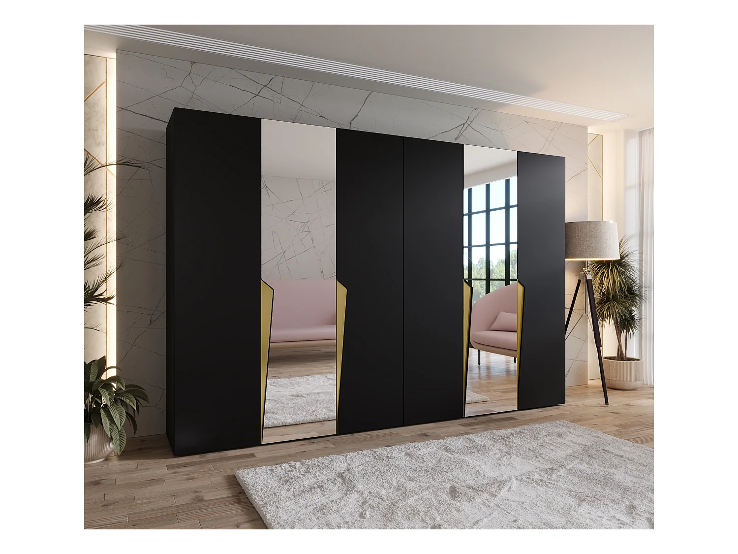 Armadio con ante a battente Piano 2 300 (150x2) / 202 / 52 (Nero + Maniglie: Oro)